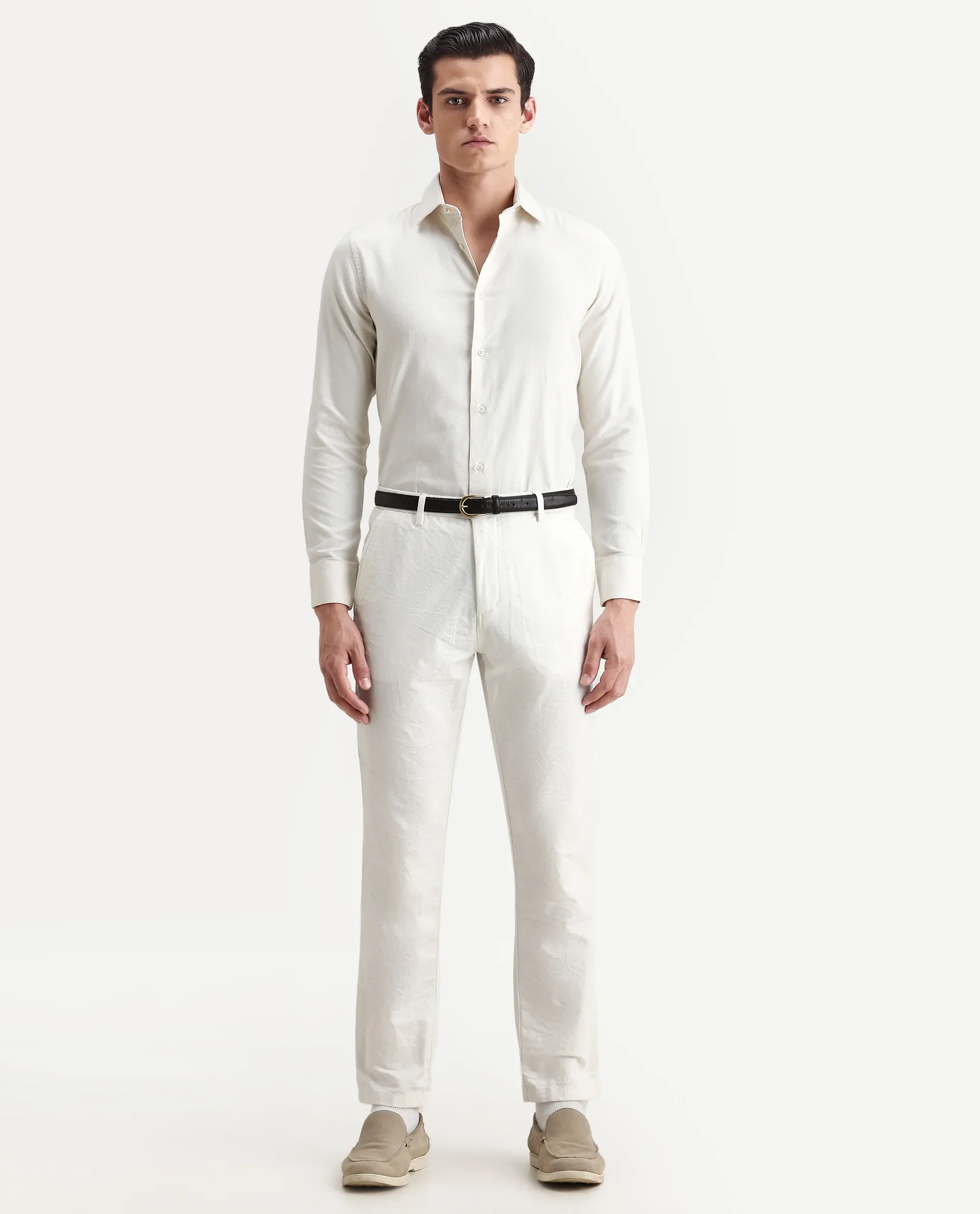 Rare Rabbit Men's Renil Off White Cotton Plain Regular Fit Full Sleeve Collared Shirt - Image 2