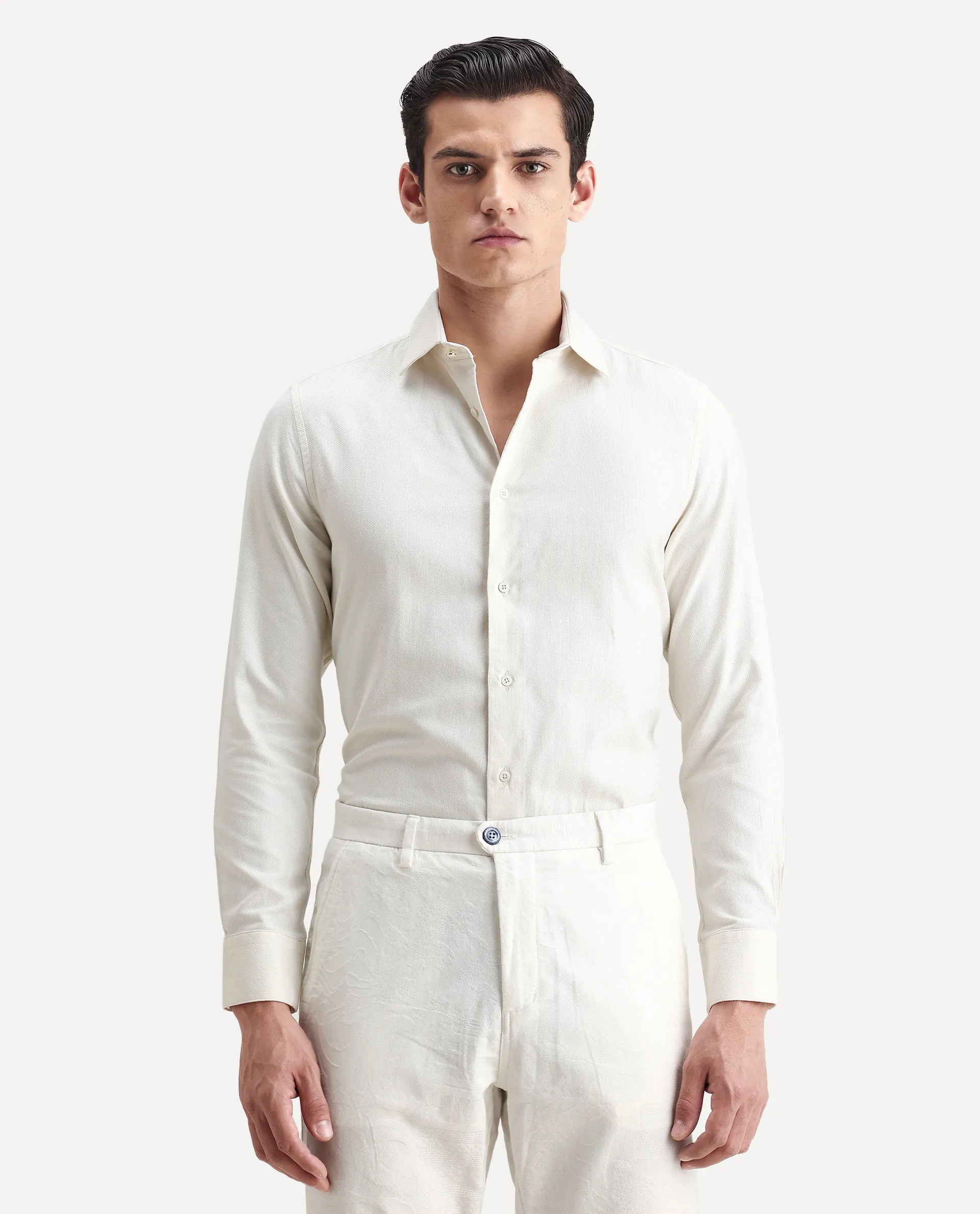 Rare Rabbit Men's Renil Off White Cotton Plain Regular Fit Full Sleeve Collared Shirt - Image 4