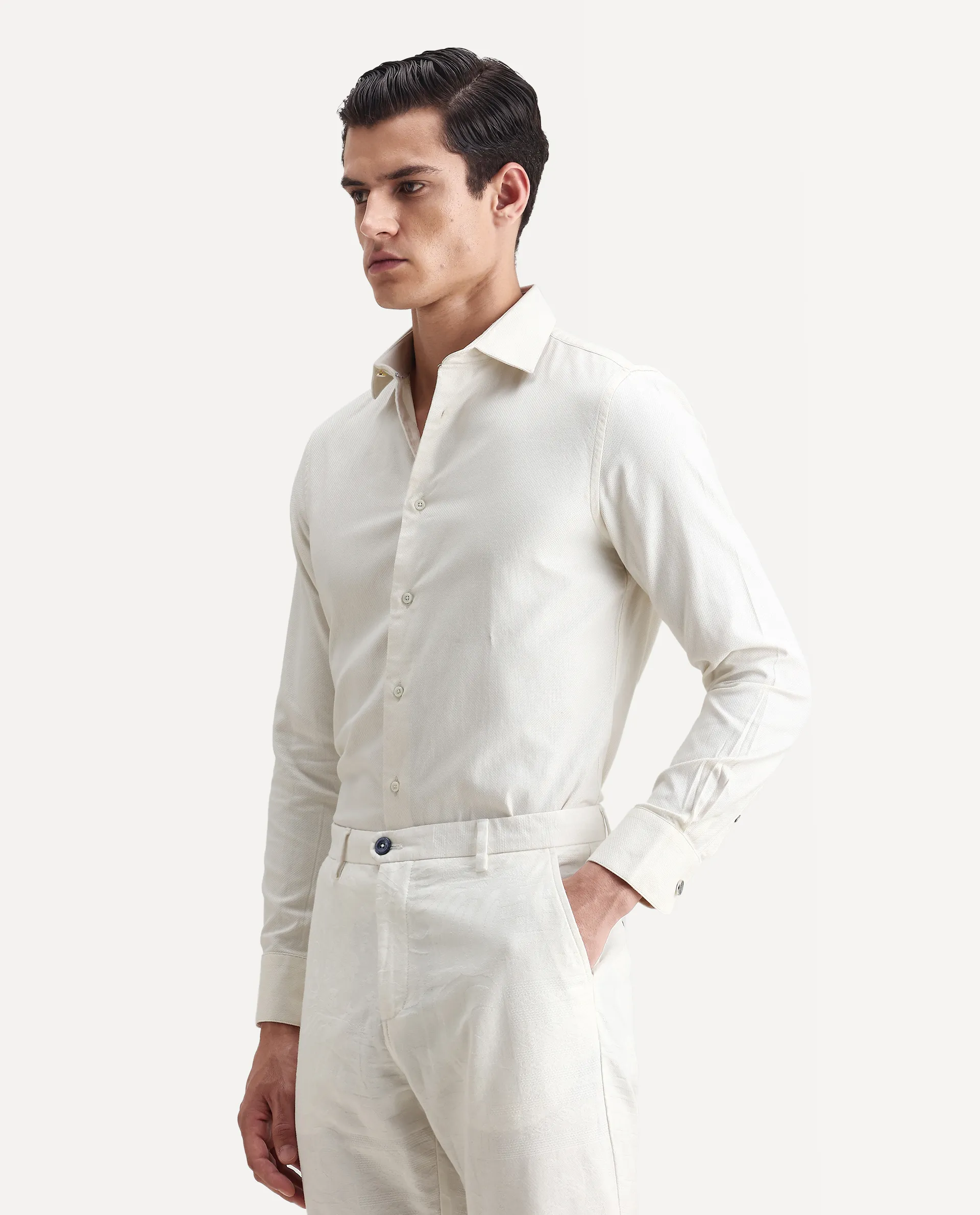 Rare Rabbit Men's Renil Off White Cotton Plain Regular Fit Full Sleeve Collared Shirt - Image 5