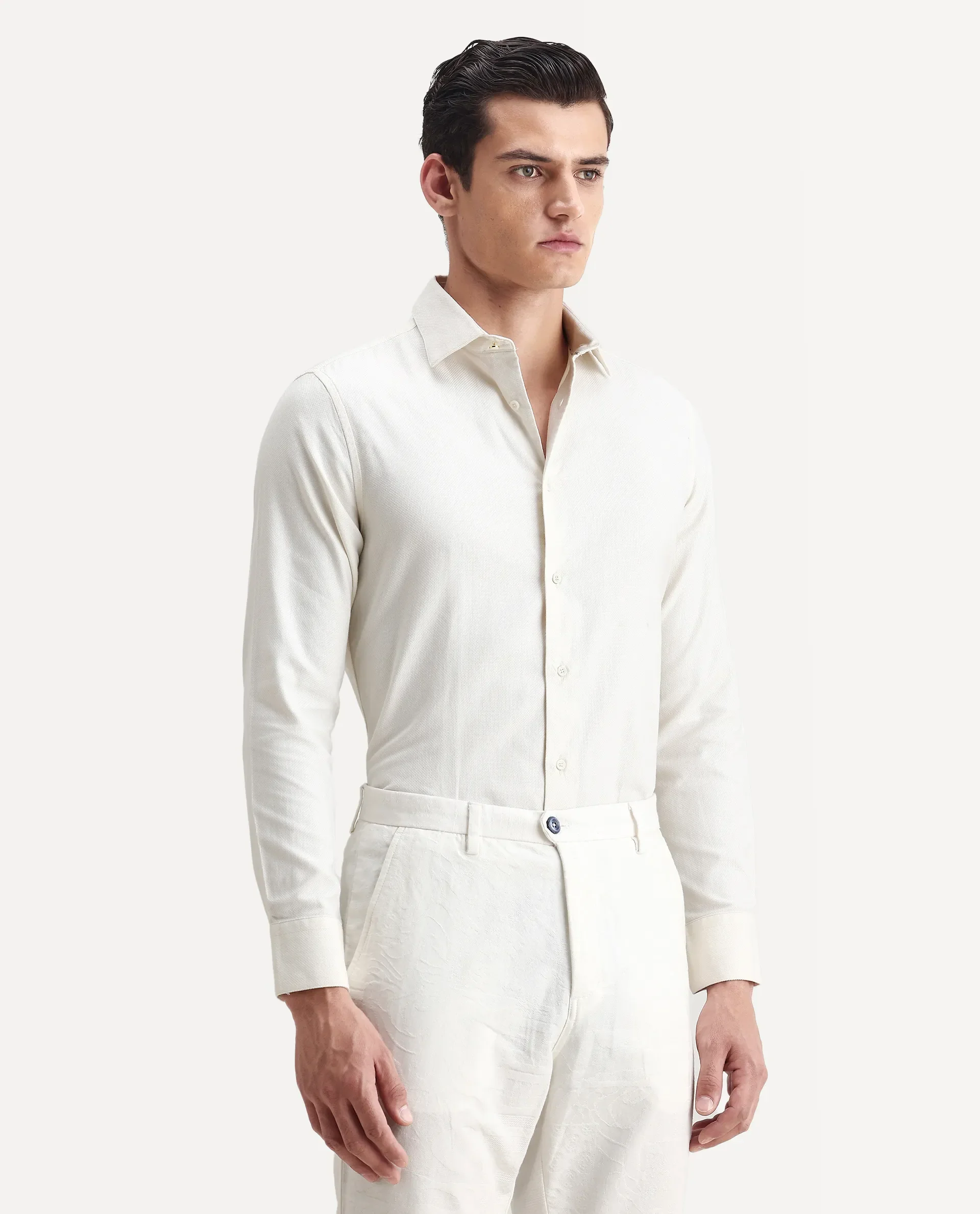Rare Rabbit Men's Renil Off White Cotton Plain Regular Fit Full Sleeve Collared Shirt - Image 6