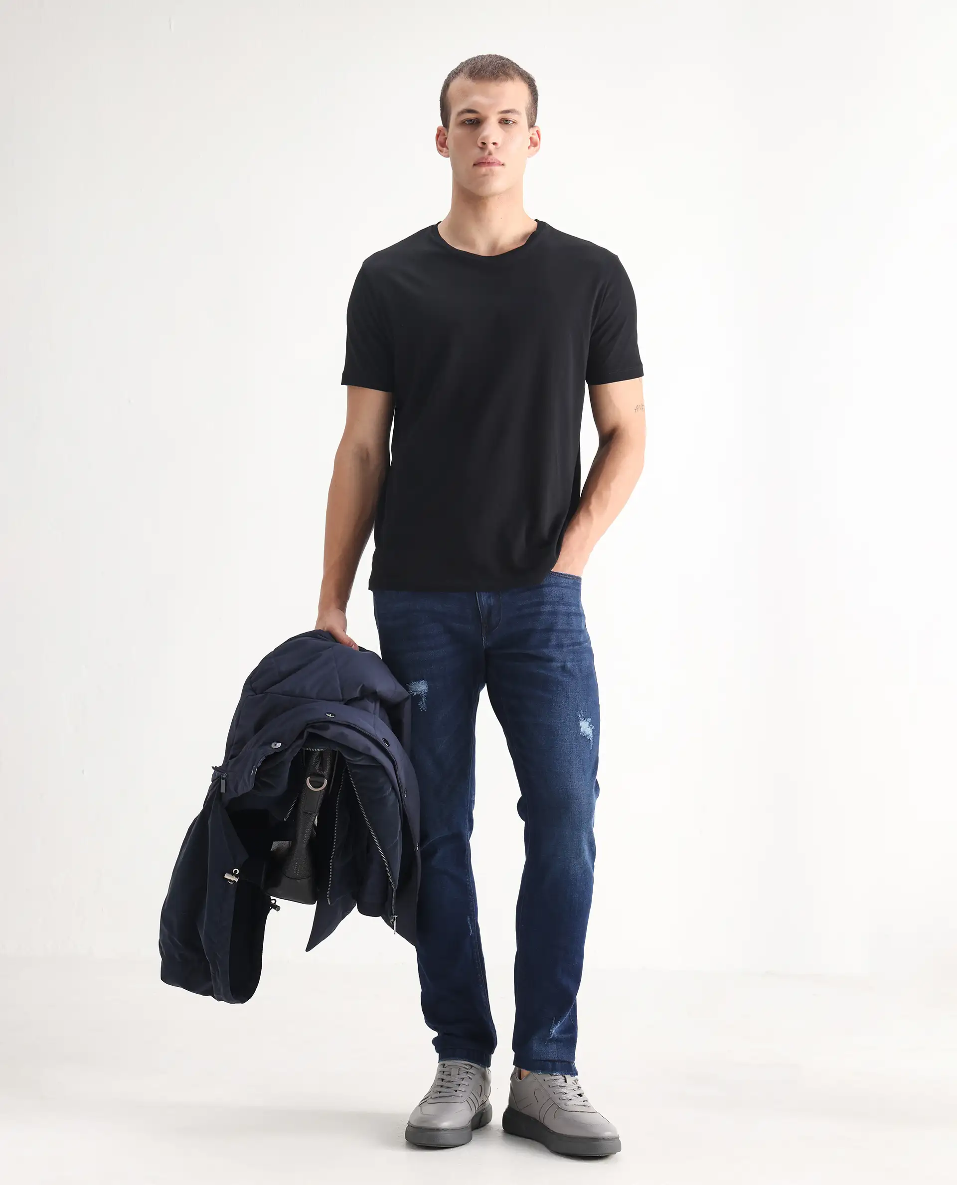 Rare Rabbit Men's Reno Blue Cotton Plain Hawk Slim Fit Jeans