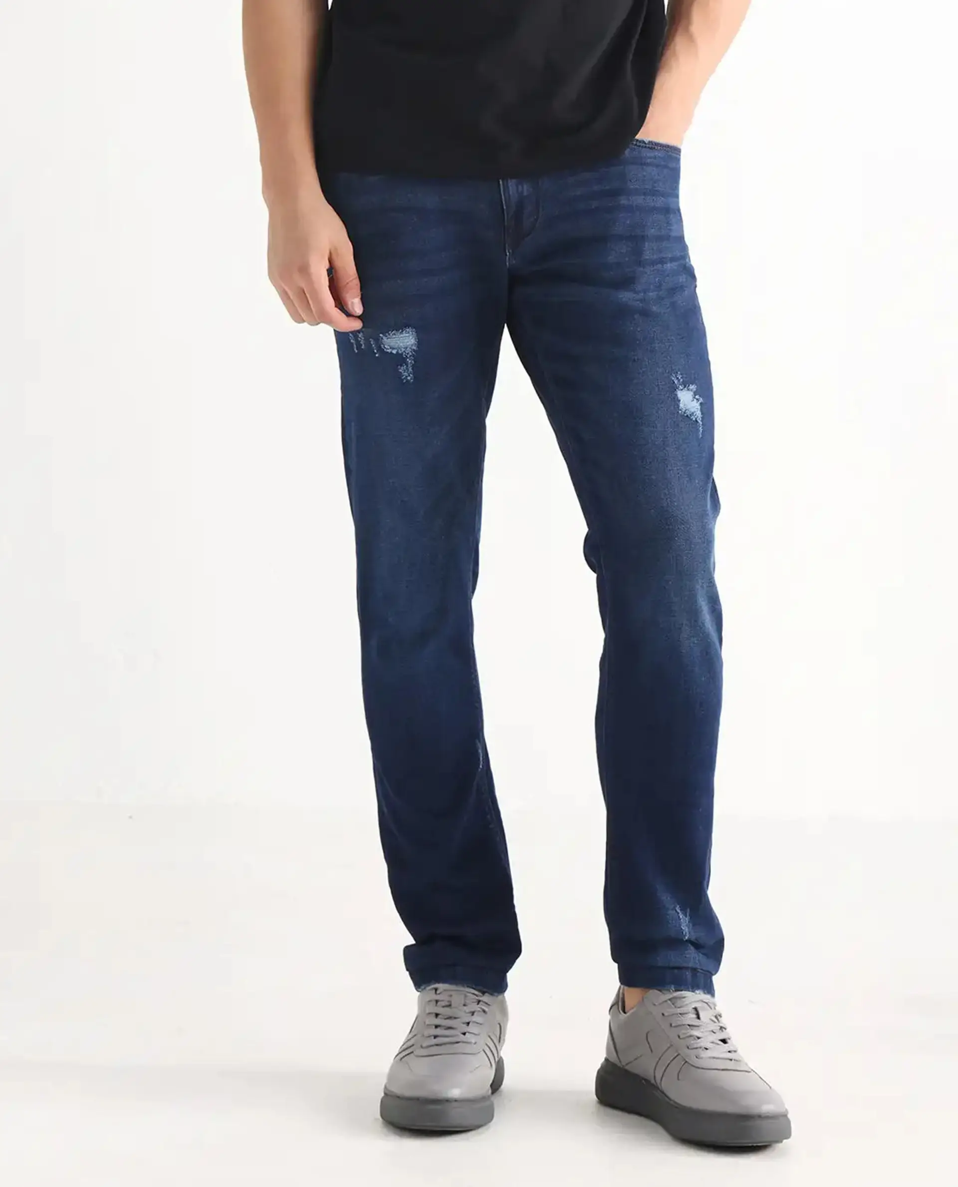 Rare Rabbit Men's Reno Blue Cotton Plain Hawk Slim Fit Jeans - Image 10