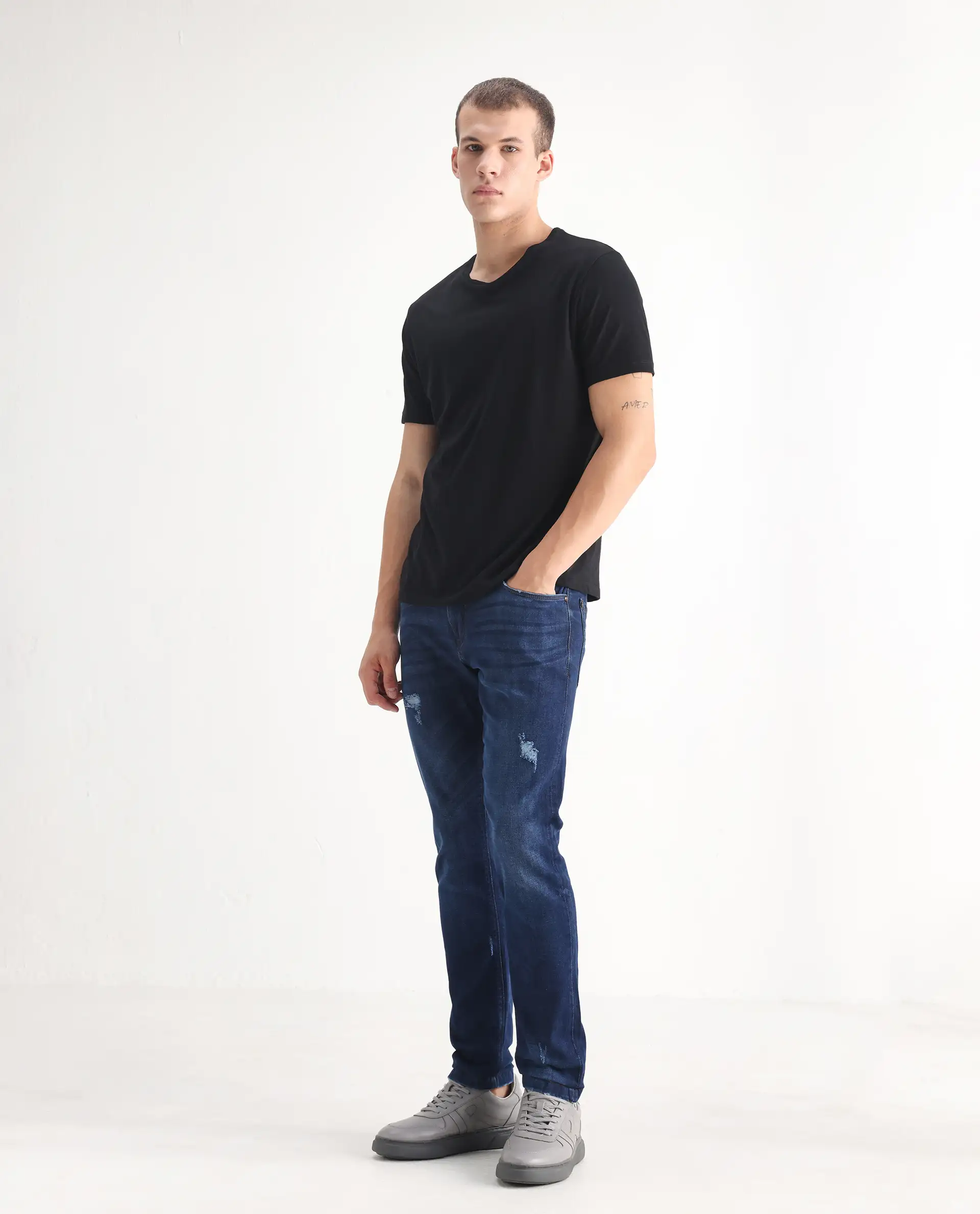 Rare Rabbit Men's Reno Blue Cotton Plain Hawk Slim Fit Jeans - Image 3