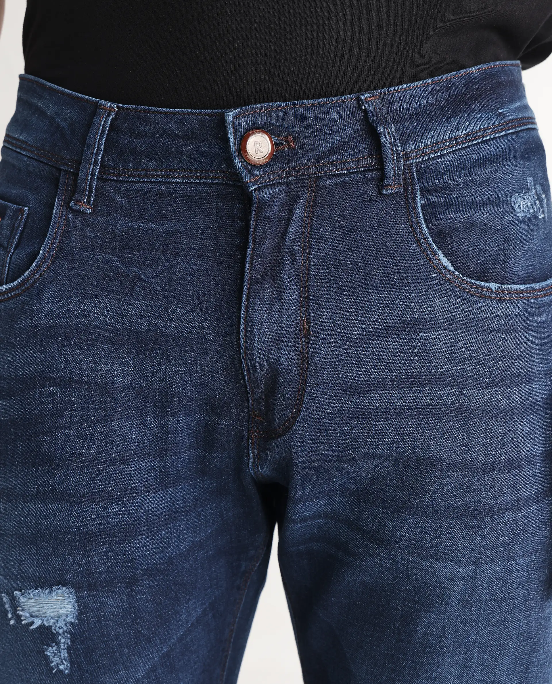Rare Rabbit Men's Reno Blue Cotton Plain Hawk Slim Fit Jeans - Image 4