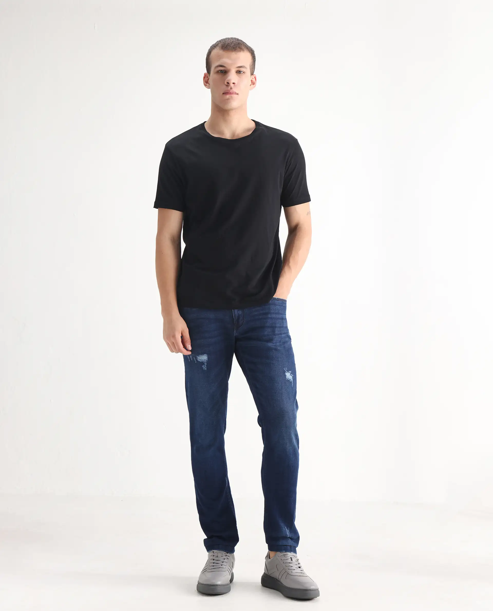 Rare Rabbit Men's Reno Blue Cotton Plain Hawk Slim Fit Jeans - Image 6