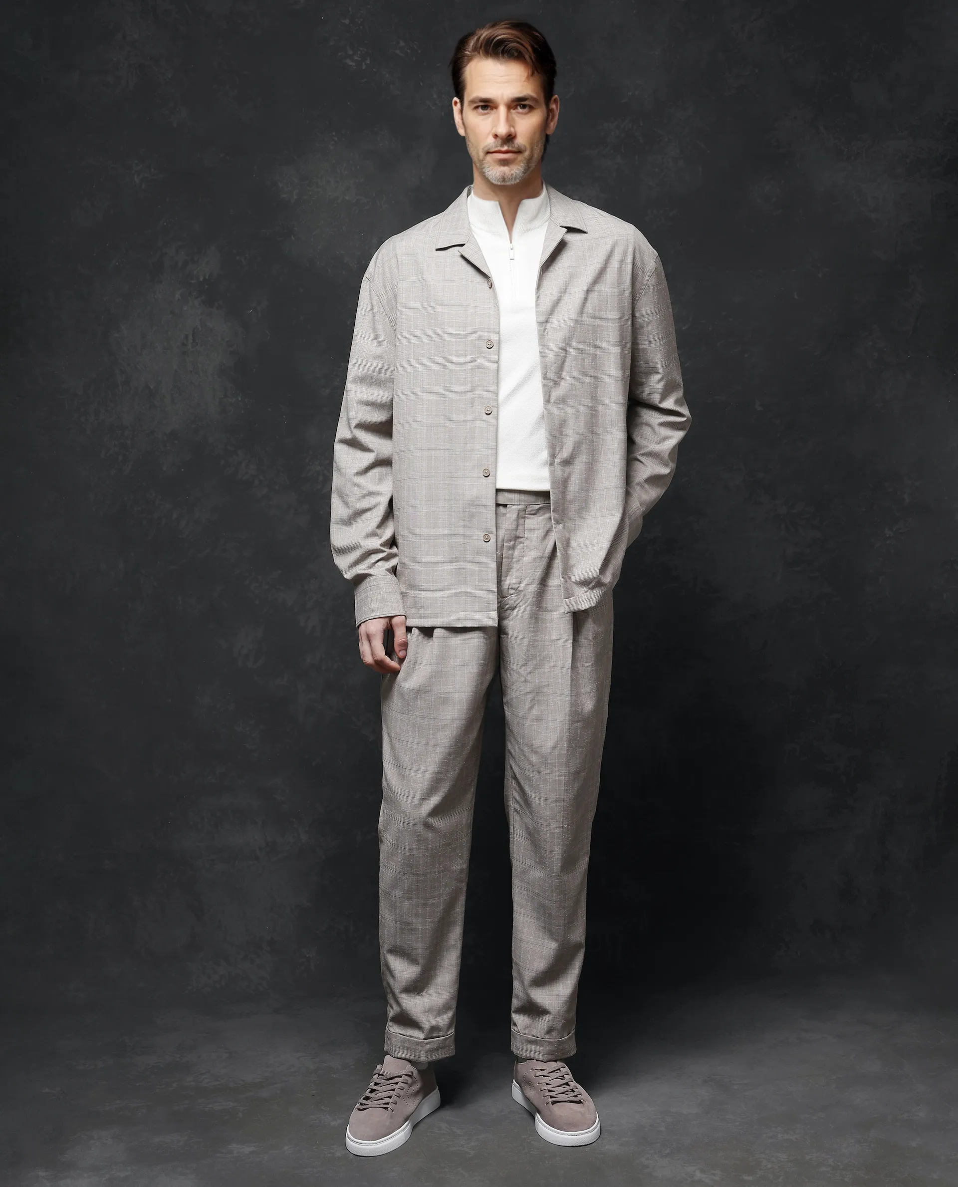 Rare Rabbit Men's Reno Beige Cotton Checked Print Regular Fit Full Sleeve Lapel Neck Shirt - Image 2