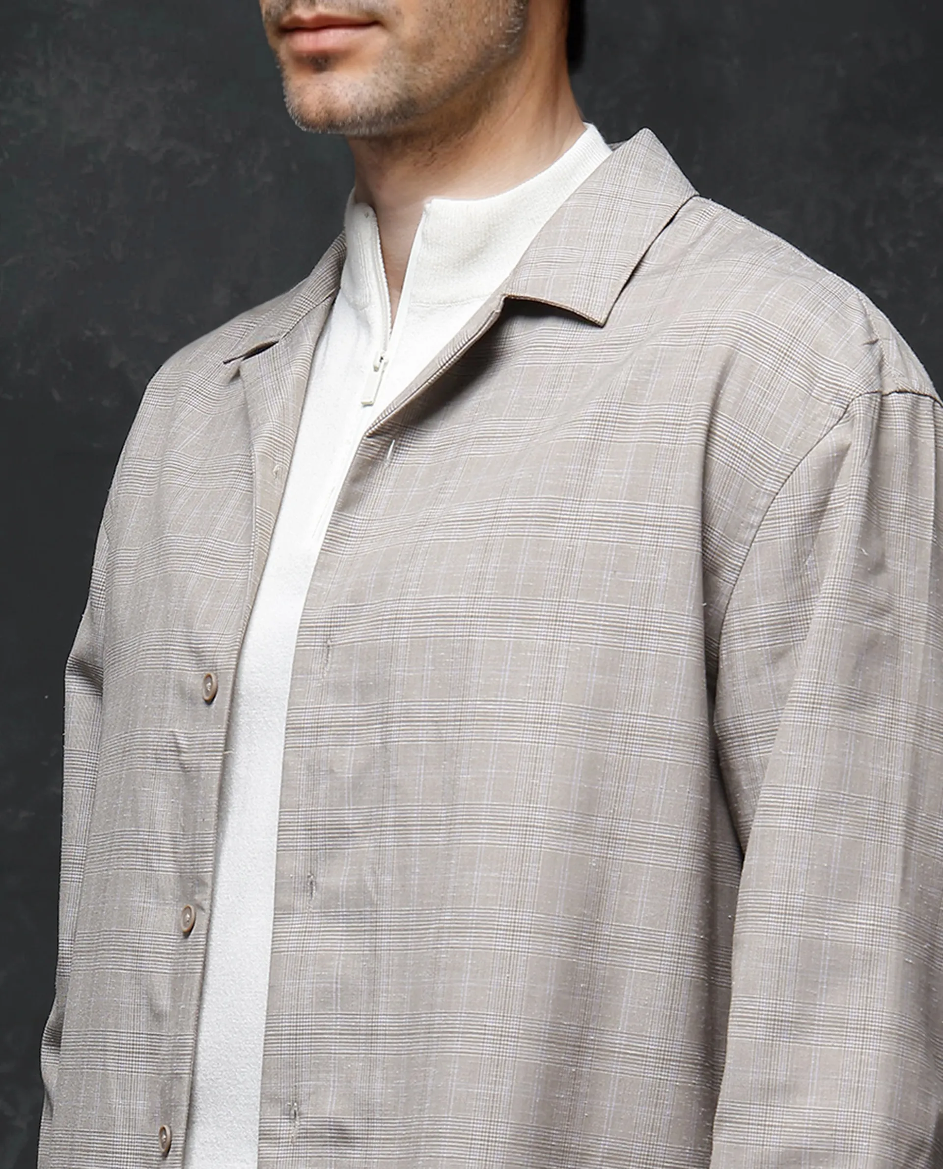 Rare Rabbit Men's Reno Beige Cotton Checked Print Regular Fit Full Sleeve Lapel Neck Shirt - Image 4