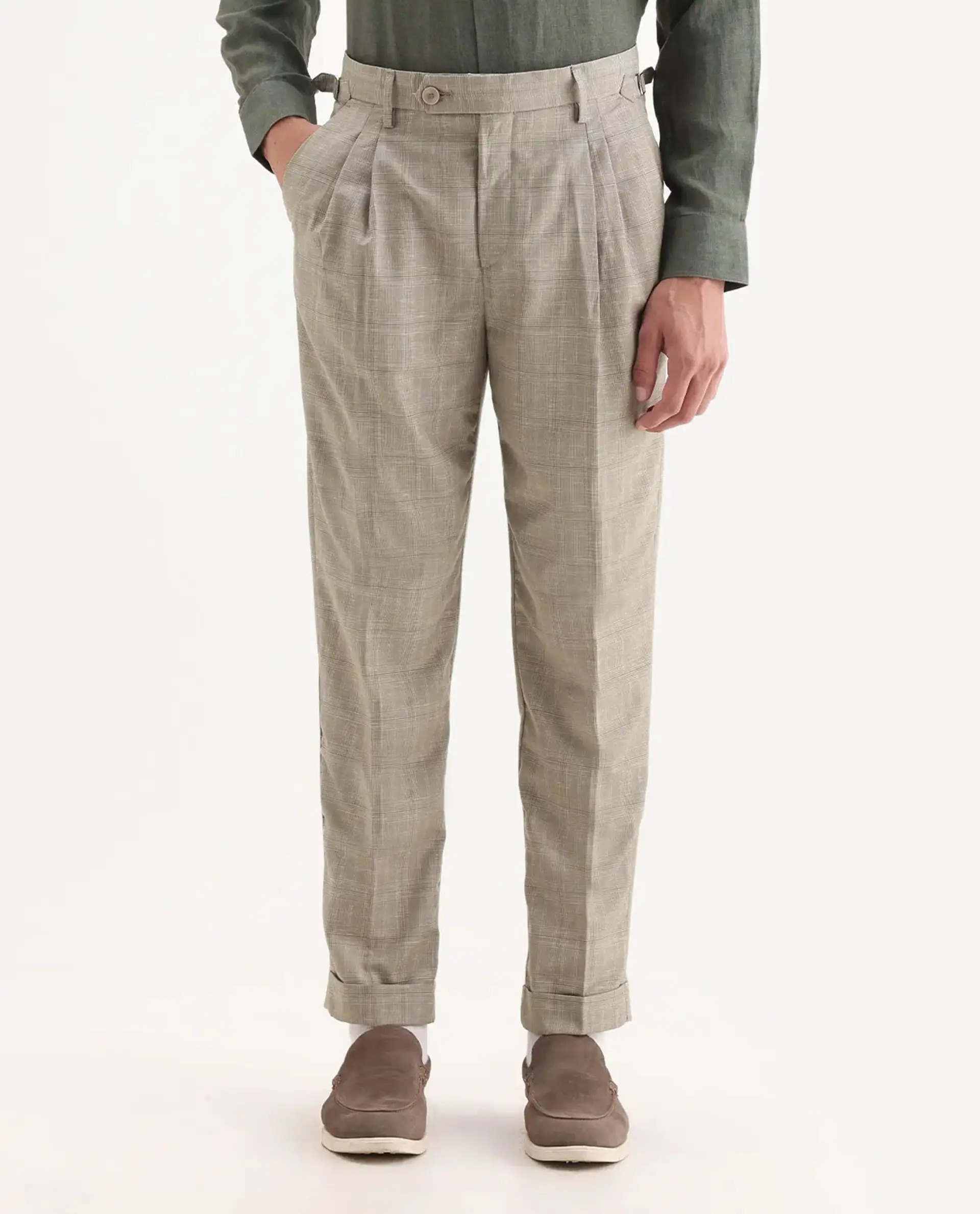 Rare Rabbit Men's Renot Beige Cotton Checked Print Regular Fit Trouser - Image 9