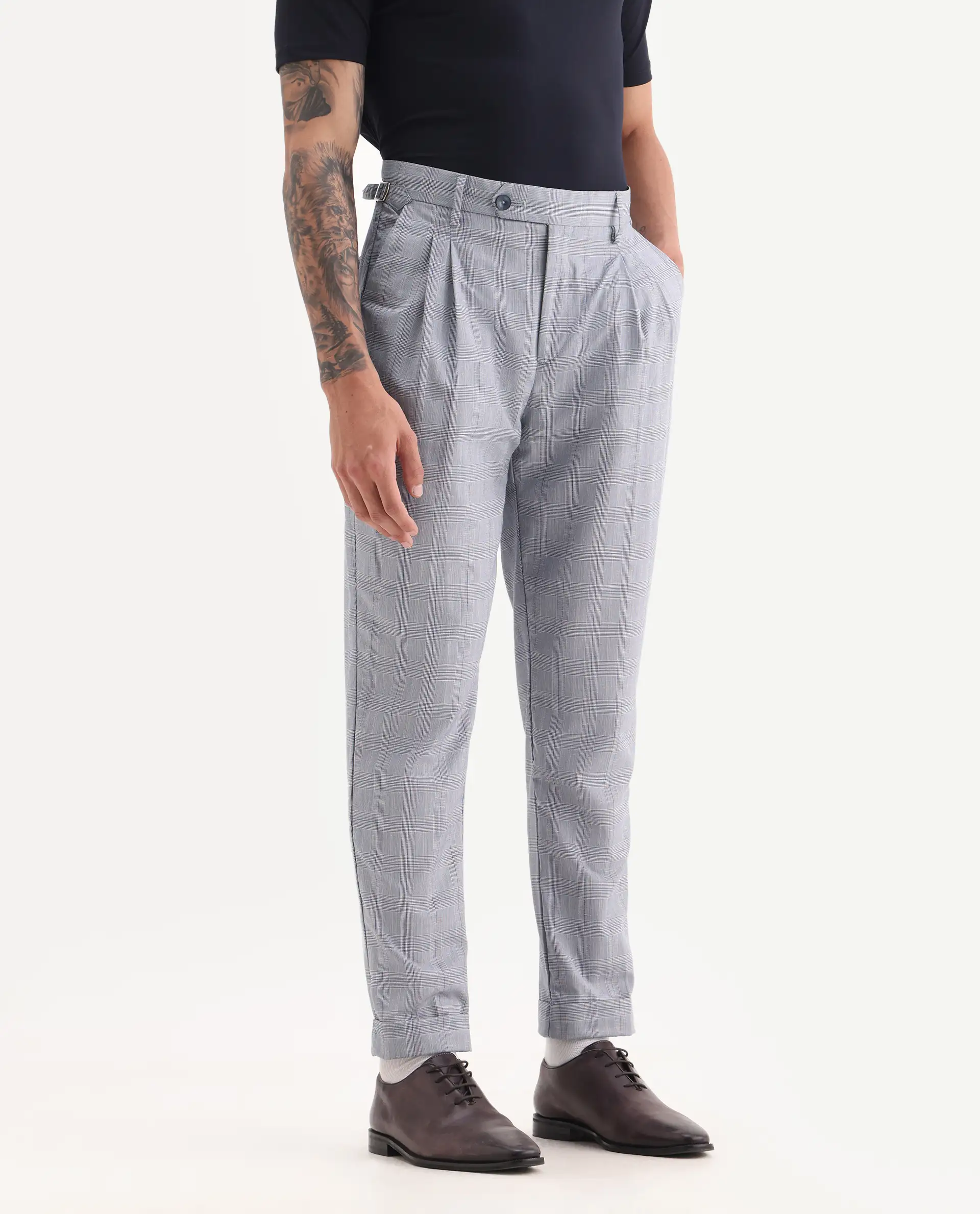 Rare Rabbit Men's Renot Blue Cotton Checked Print Regular Fit Trouser - Image 2