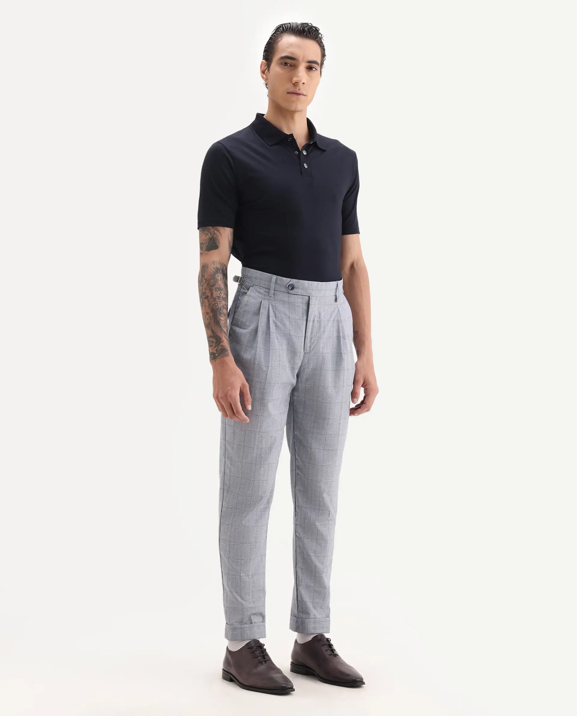 Rare Rabbit Men's Renot Blue Cotton Checked Print Regular Fit Trouser - Image 4