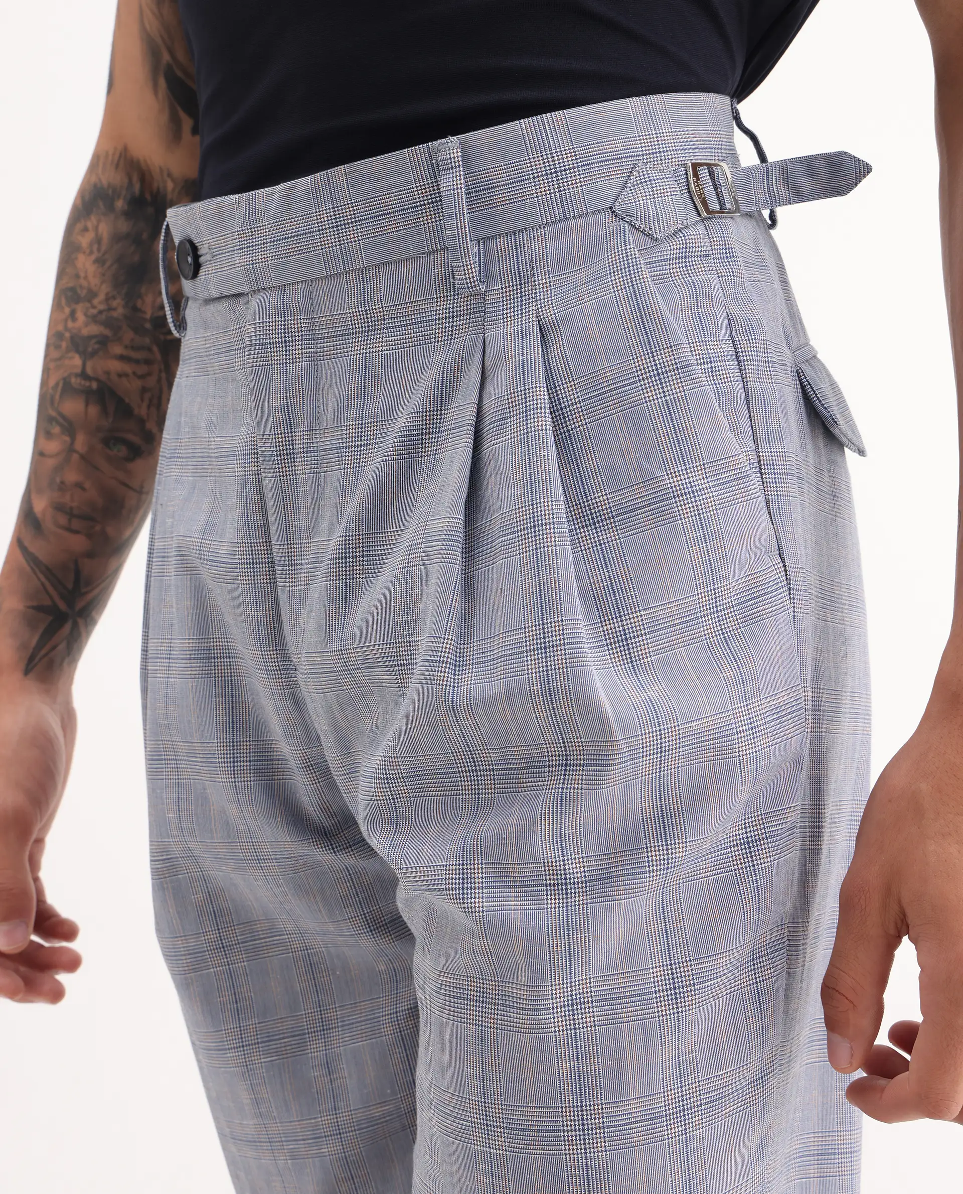 Rare Rabbit Men's Renot Blue Cotton Checked Print Regular Fit Trouser - Image 6