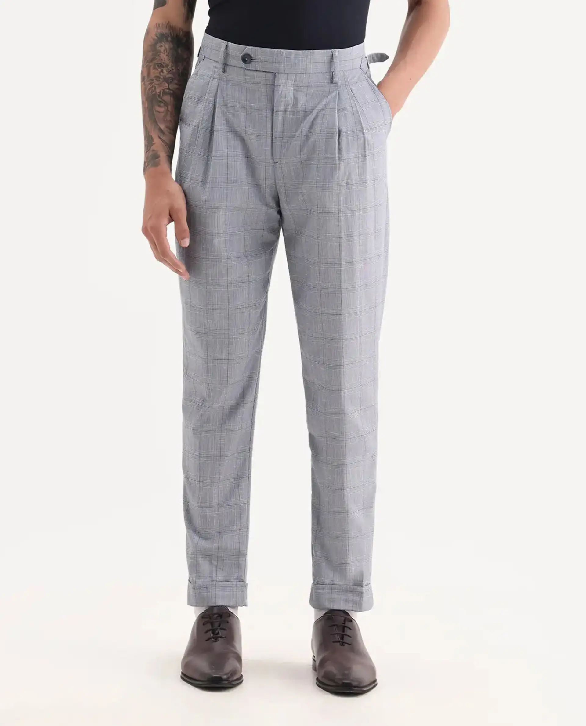 Rare Rabbit Men's Renot Blue Cotton Checked Print Regular Fit Trouser - Image 8