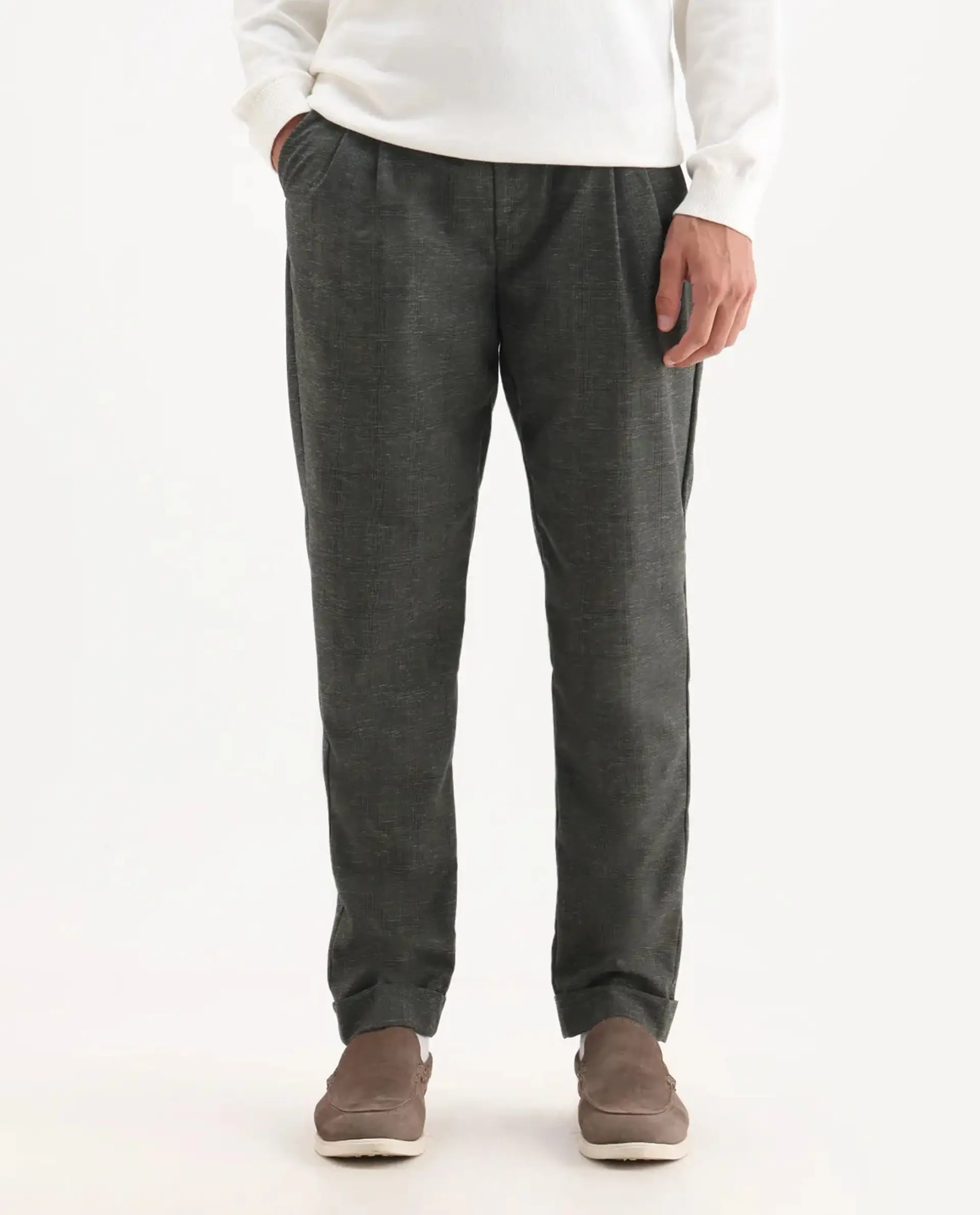 Rare Rabbit Men's Renot Dark Green Cotton Checked Print Regular Fit Trouser - Image 10