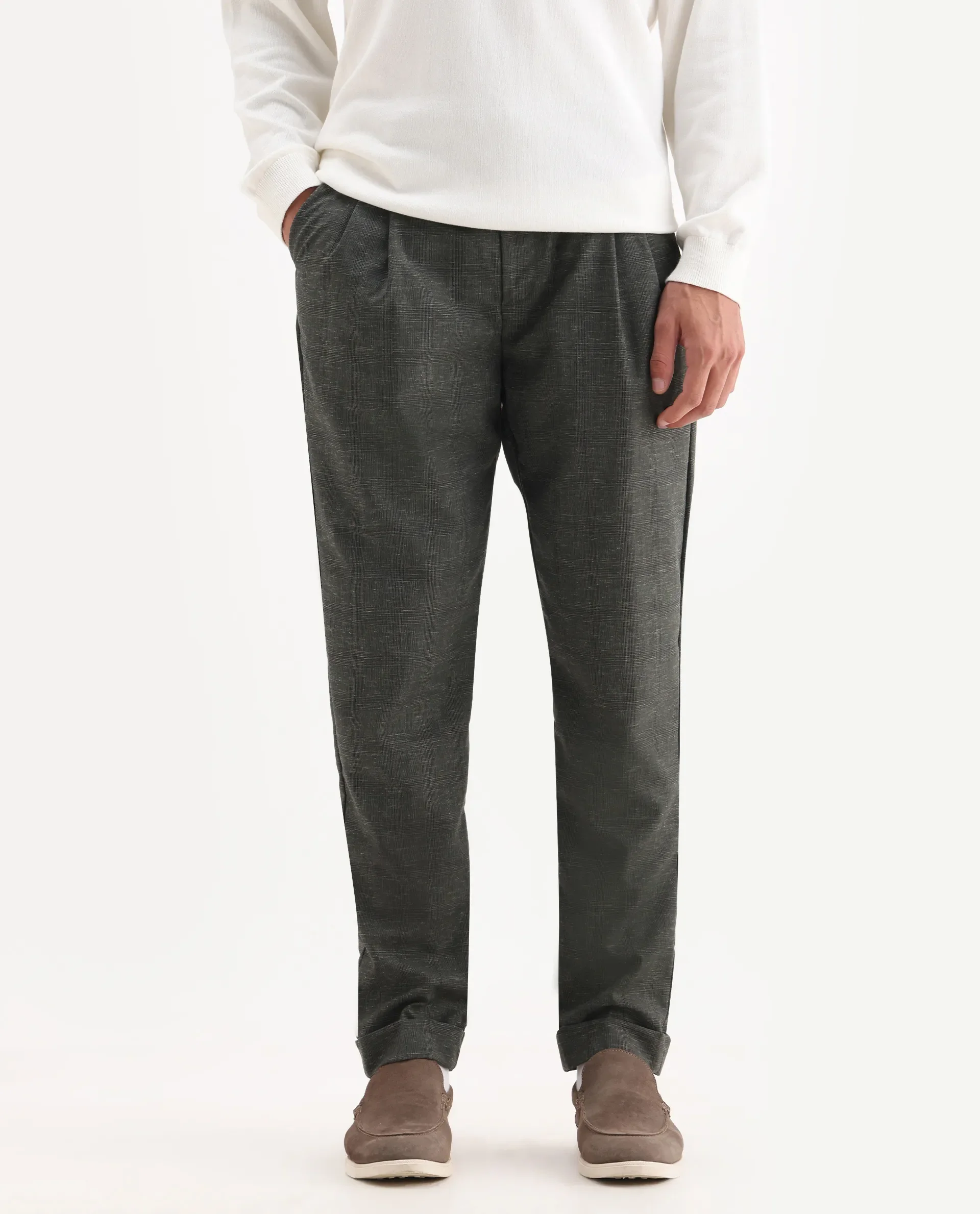 Rare Rabbit Men's Renot Dark Green Cotton Checked Print Regular Fit Trouser - Image 2