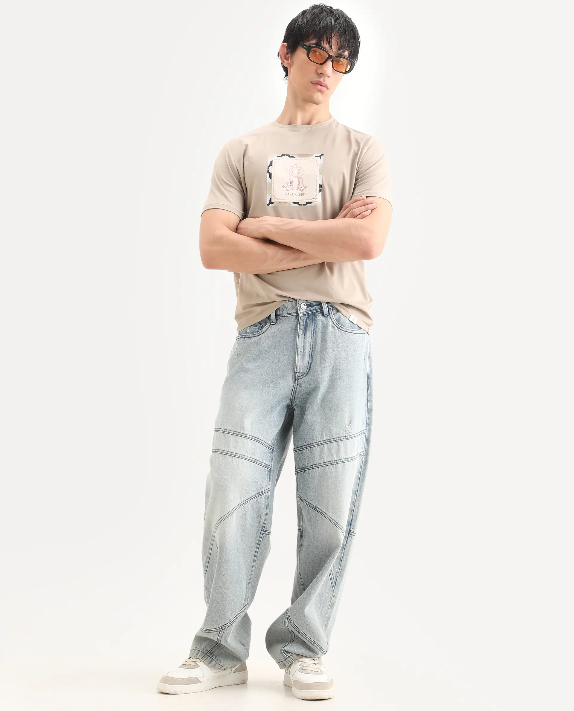 Rare Rabbit Men's Rent Beige Cotton Blend Fabric Half Sleeve Crew Neck Regular Fit Graphic Print T-Shirt - Image 2
