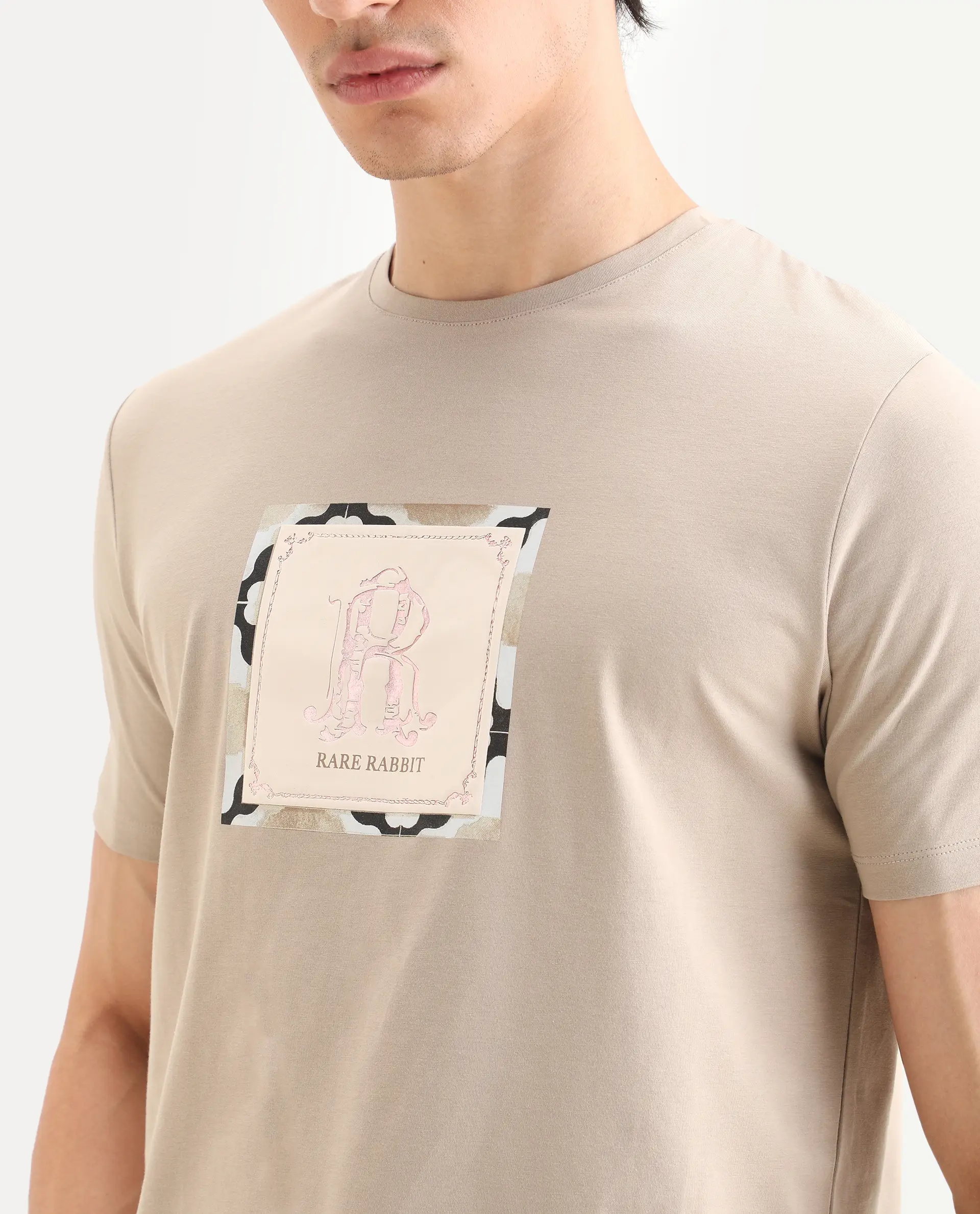 Rare Rabbit Men's Rent Beige Cotton Blend Fabric Half Sleeve Crew Neck Regular Fit Graphic Print T-Shirt - Image 3