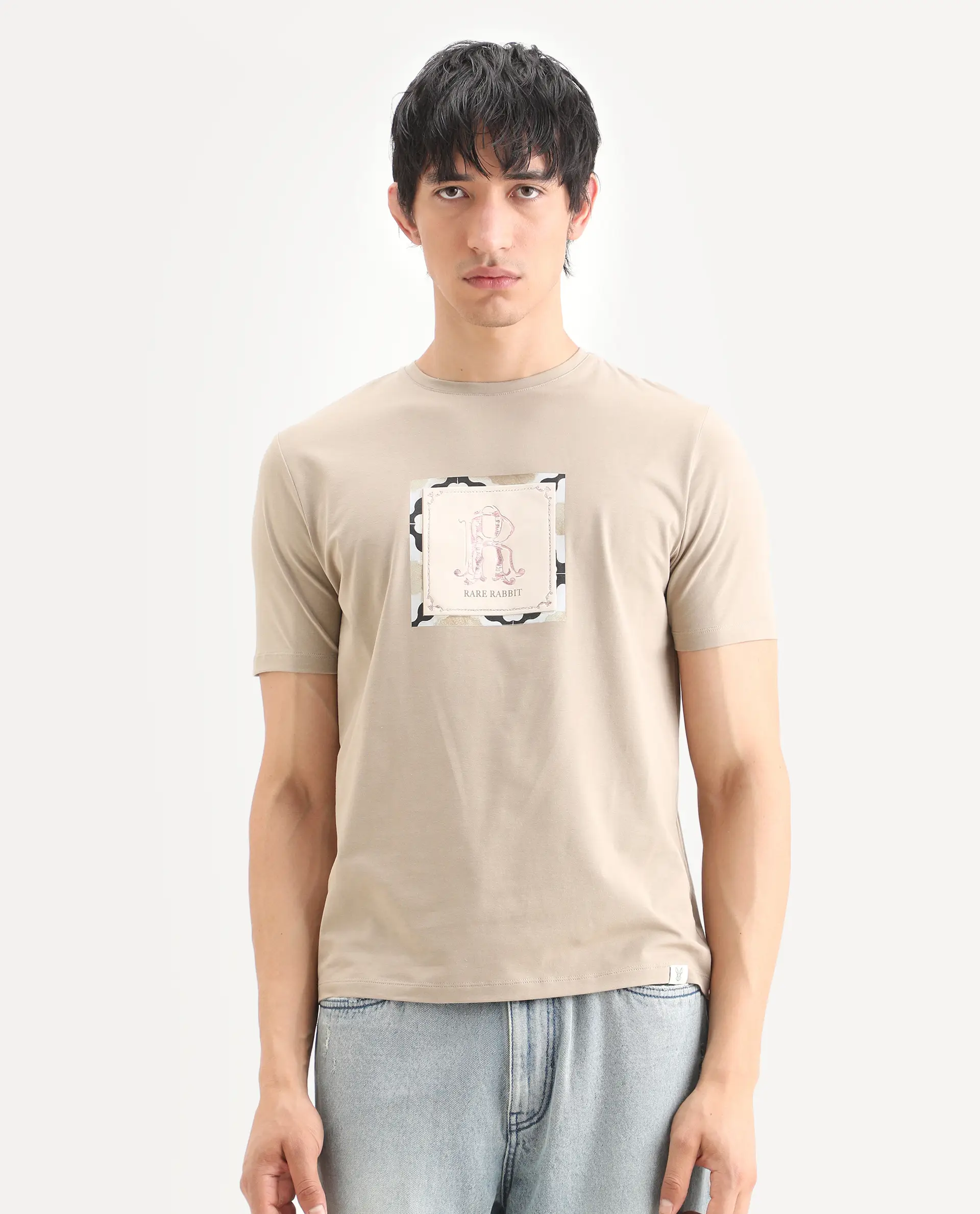 Rare Rabbit Men's Rent Beige Cotton Blend Fabric Half Sleeve Crew Neck Regular Fit Graphic Print T-Shirt - Image 4