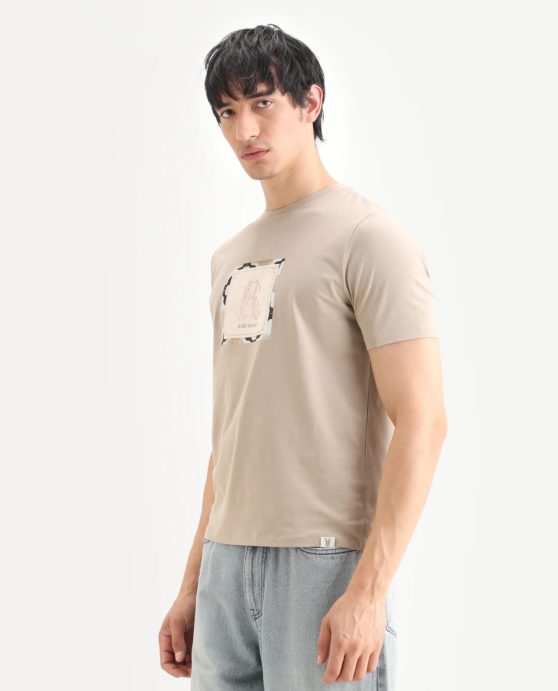 Rare Rabbit Men's Rent Beige Cotton Blend Fabric Half Sleeve Crew Neck Regular Fit Graphic Print T-Shirt - Image 5