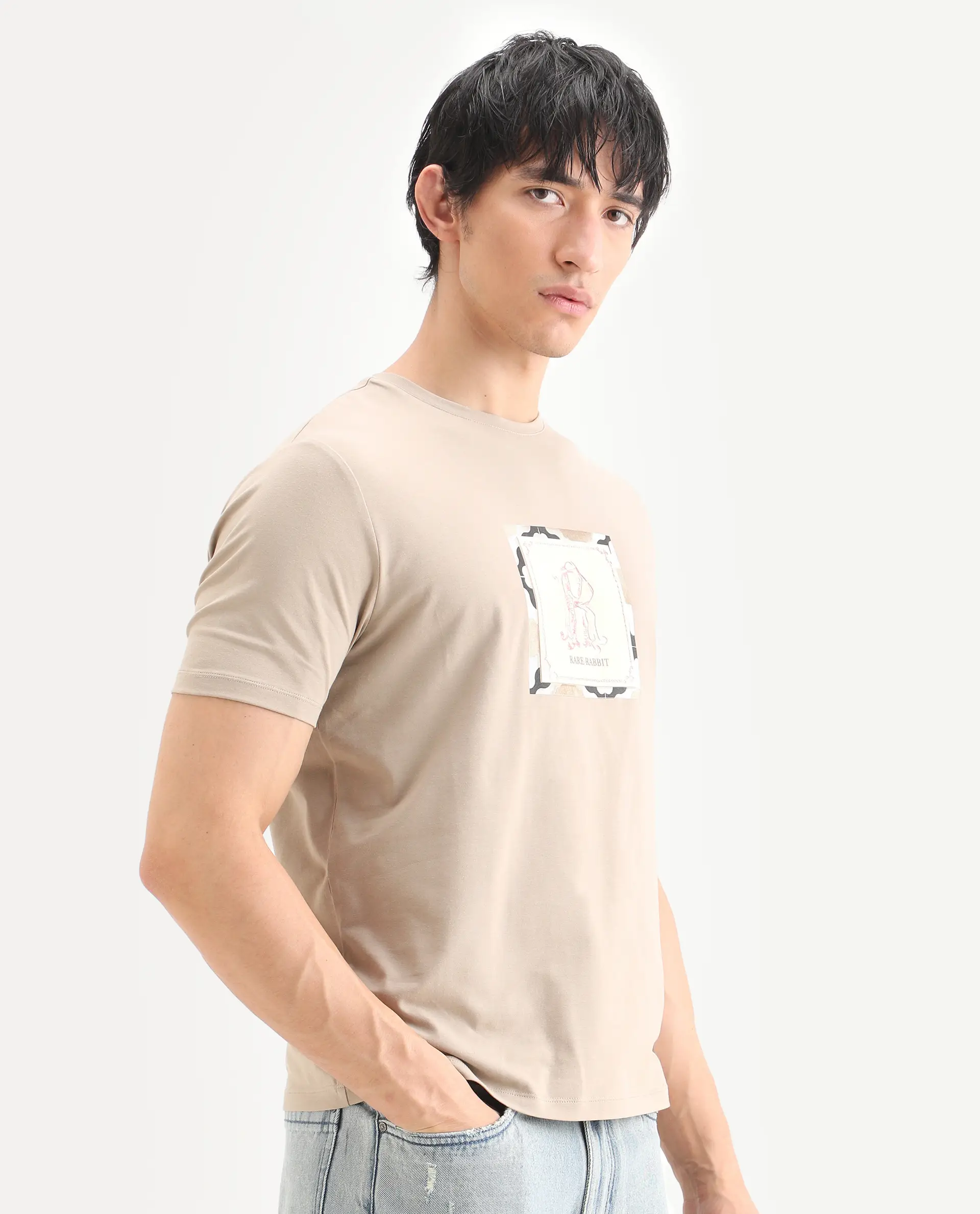 Rare Rabbit Men's Rent Beige Cotton Blend Fabric Half Sleeve Crew Neck Regular Fit Graphic Print T-Shirt - Image 6