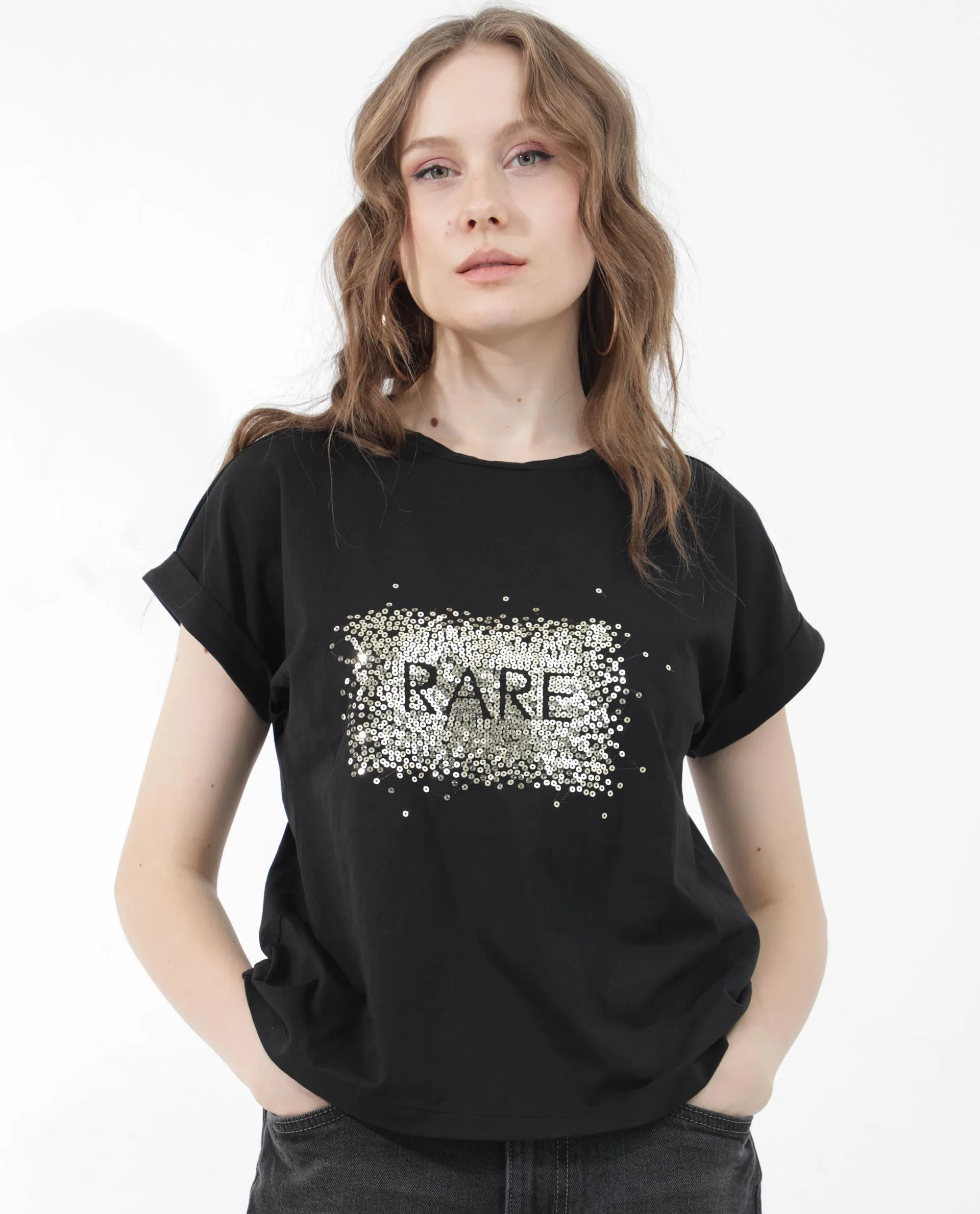 Rareism Women's Rento Black Cotton Blend Crew Neck Graphic Print Extended Sleeves Regular Fit T-Shirt - Image 2