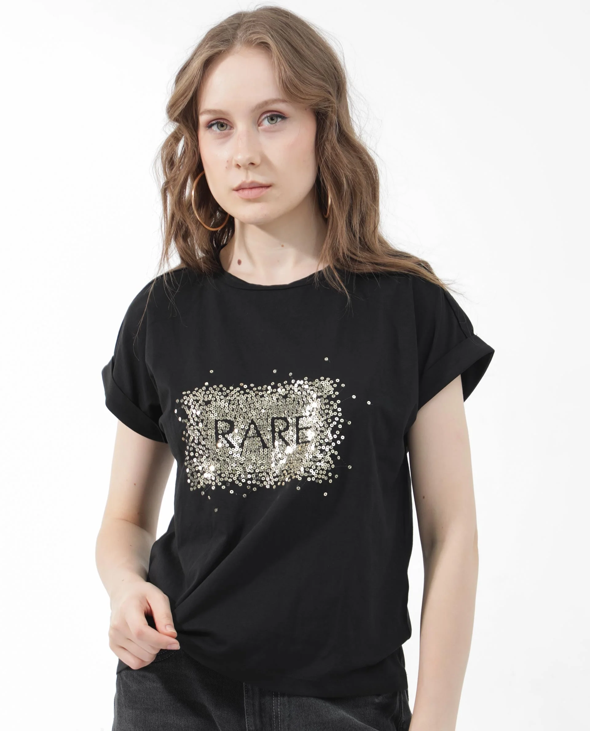 Rareism Women's Rento Black Cotton Blend Crew Neck Graphic Print Extended Sleeves Regular Fit T-Shirt - Image 4