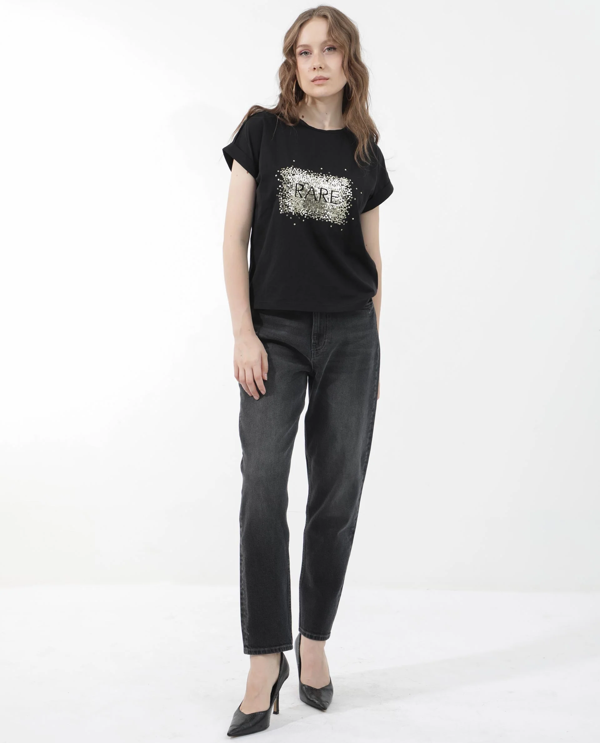 Rareism Women's Rento Black Cotton Blend Crew Neck Graphic Print Extended Sleeves Regular Fit T-Shirt - Image 5