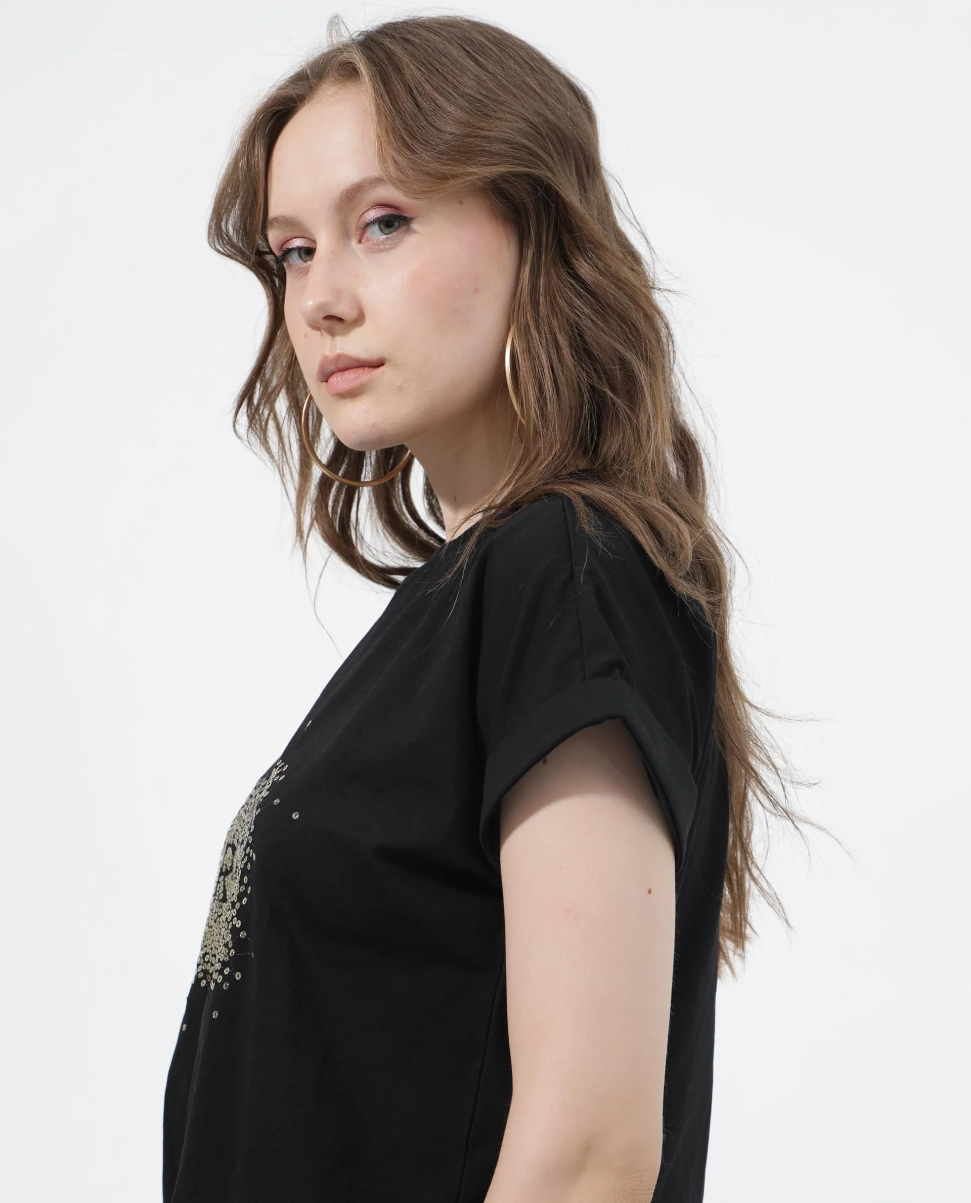 Rareism Women's Rento Black Cotton Blend Crew Neck Graphic Print Extended Sleeves Regular Fit T-Shirt - Image 6