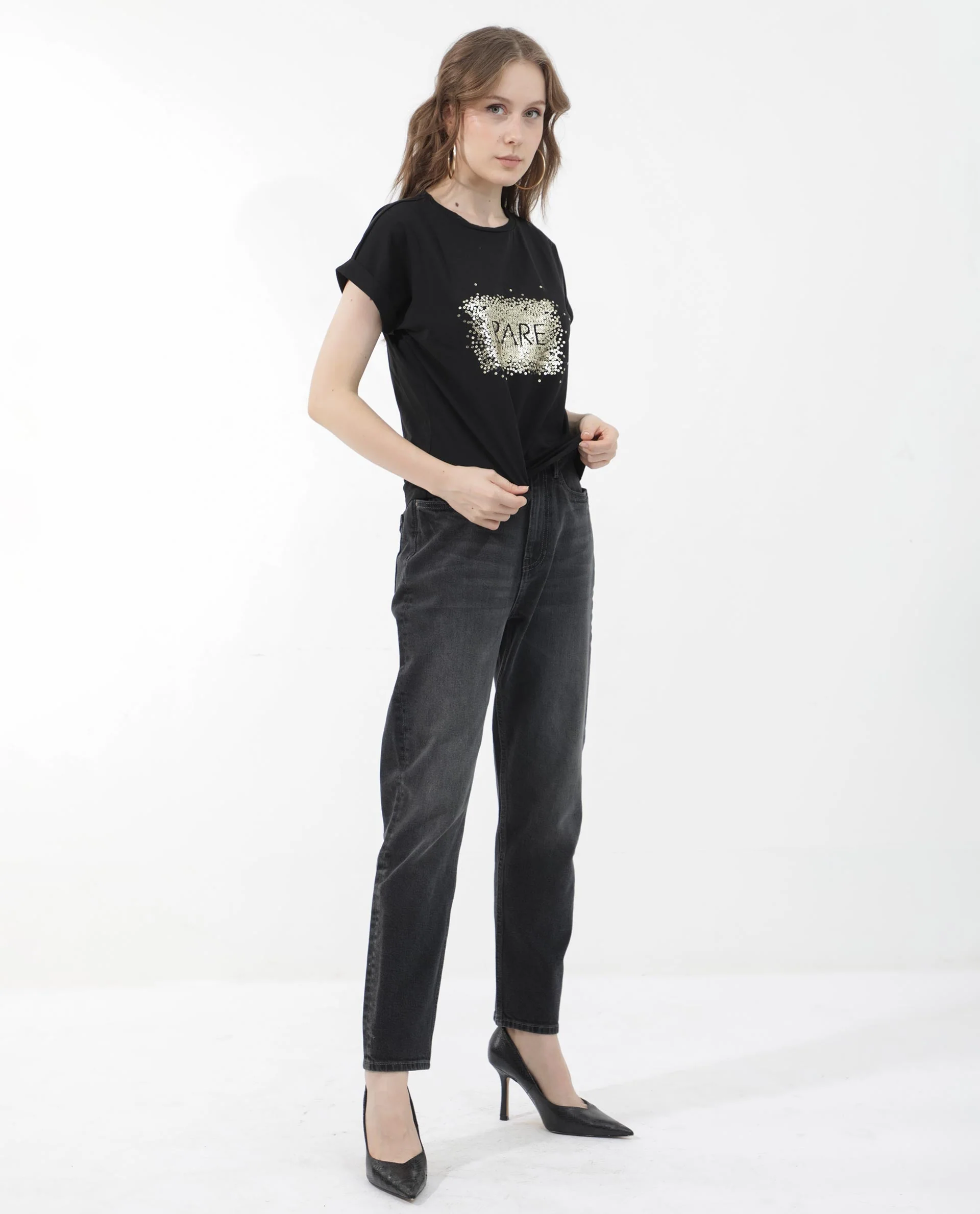 Rareism Women's Rento Black Cotton Blend Crew Neck Graphic Print Extended Sleeves Regular Fit T-Shirt - Image 7