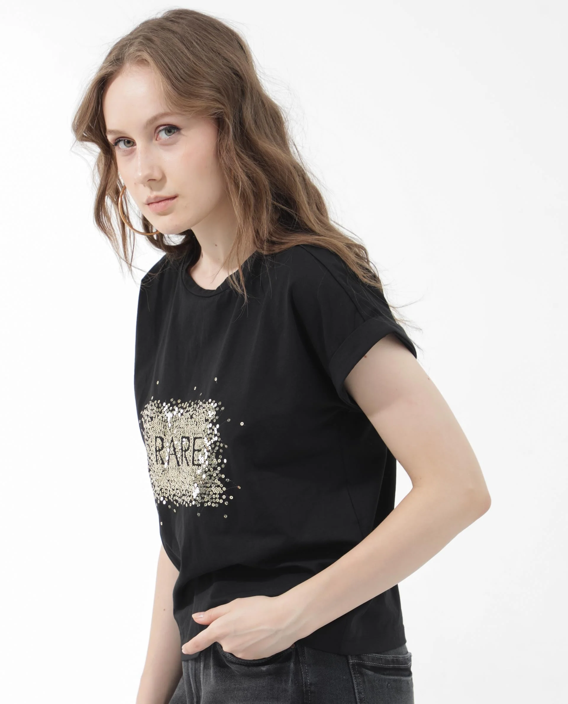 Rareism Women's Rento Black Cotton Blend Crew Neck Graphic Print Extended Sleeves Regular Fit T-Shirt - Image 8