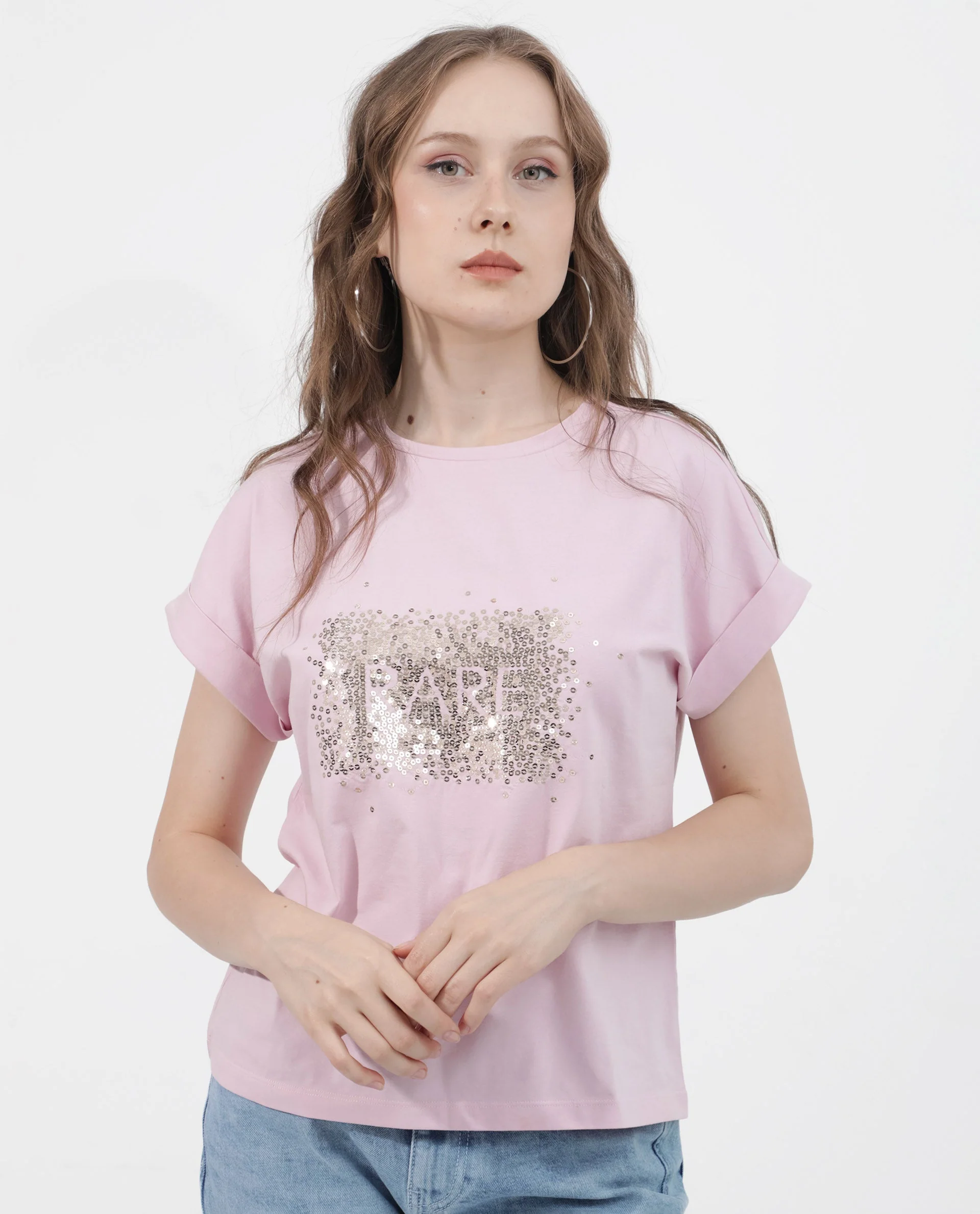 Rareism Women's Rento Pink Cotton Blend Crew Neck Graphic Print Extended Sleeves Regular Fit T-Shirt - Image 3