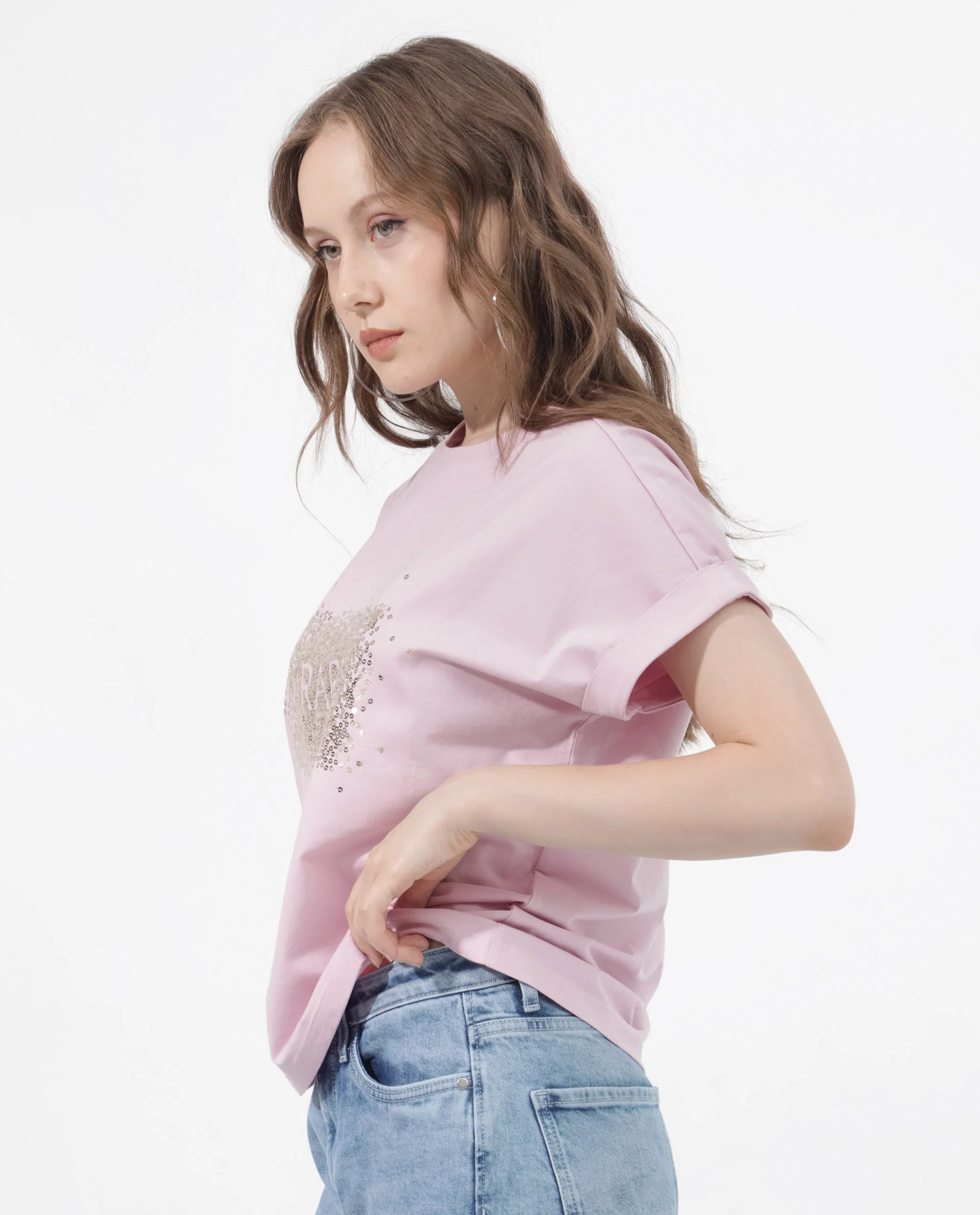 Rareism Women's Rento Pink Cotton Blend Crew Neck Graphic Print Extended Sleeves Regular Fit T-Shirt - Image 6
