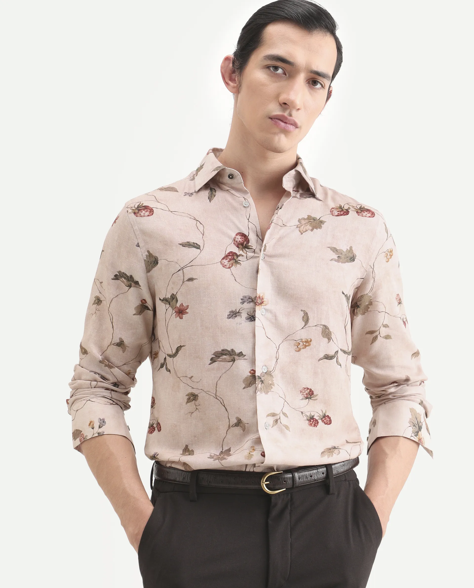 Rare Rabbit Men's Renu Dusky Pink Linen Blend Fabric Full Sleeve Spread Collar Regular Fit Floral Print Shirt