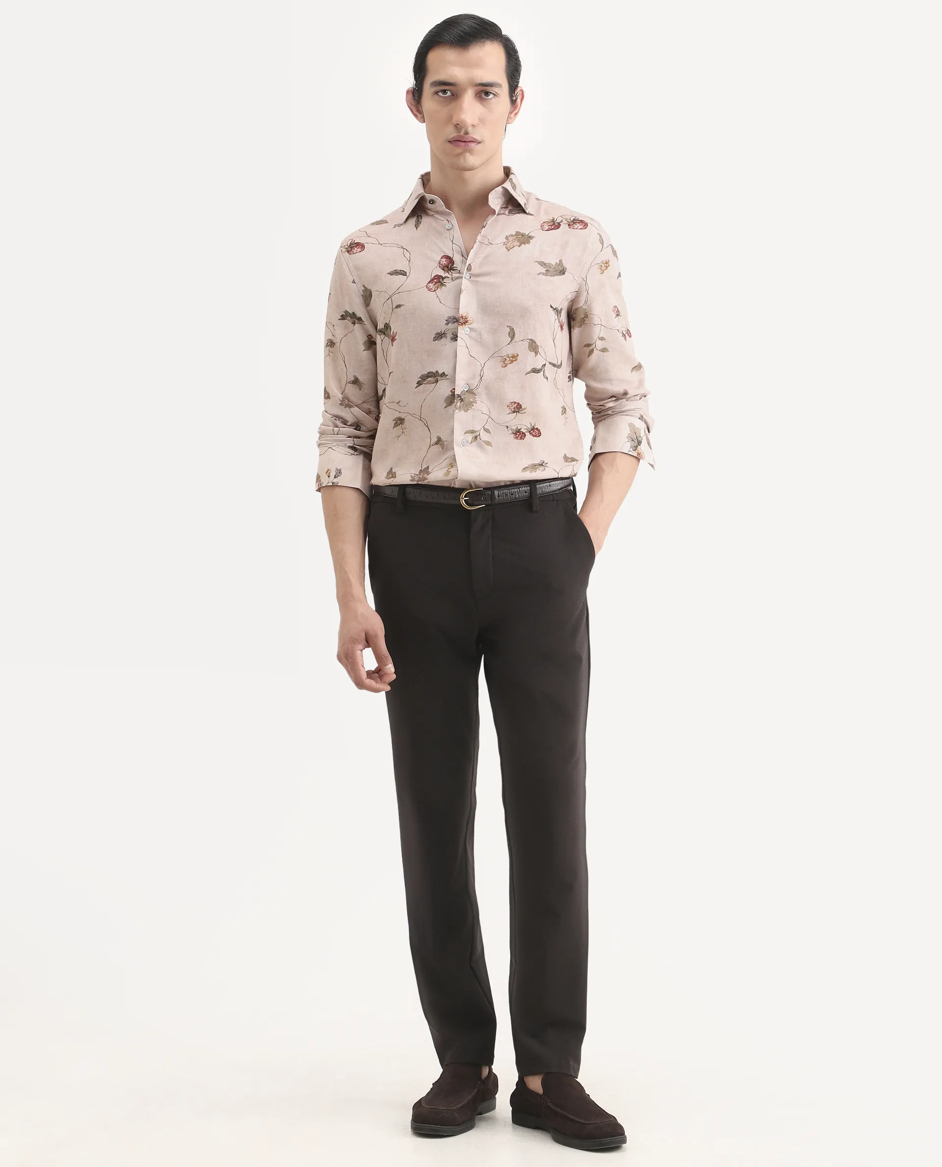 Rare Rabbit Men's Renu Dusky Pink Linen Blend Fabric Full Sleeve Spread Collar Regular Fit Floral Print Shirt - Image 2