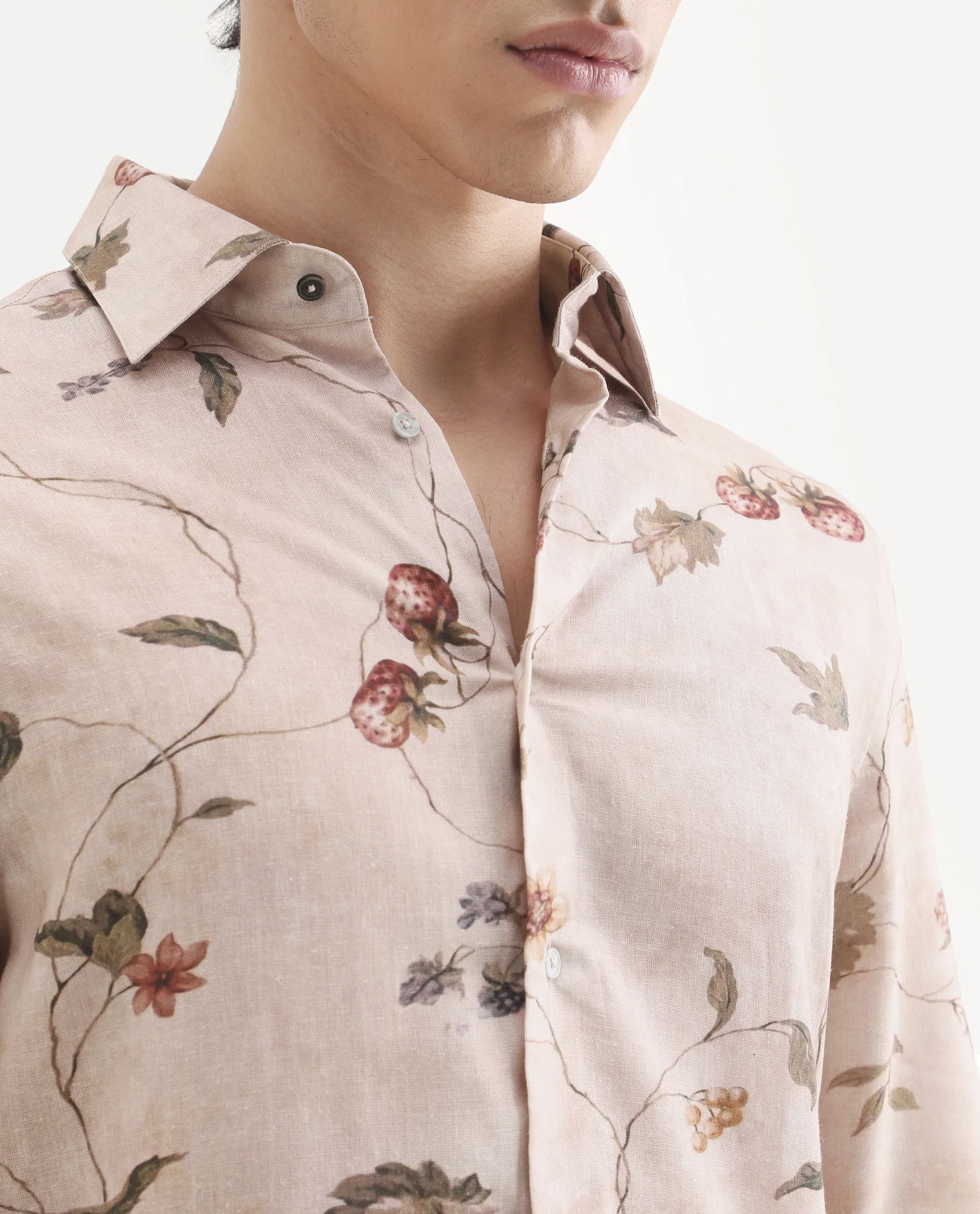 Rare Rabbit Men's Renu Dusky Pink Linen Blend Fabric Full Sleeve Spread Collar Regular Fit Floral Print Shirt - Image 3