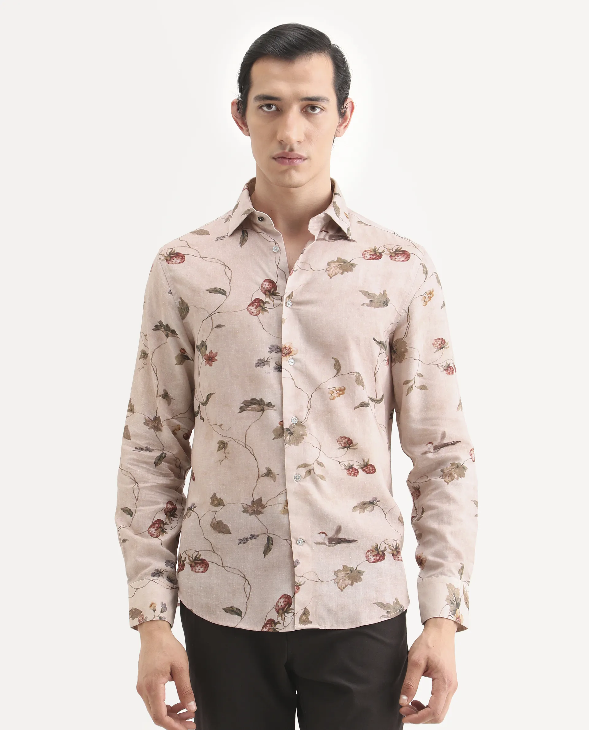 Rare Rabbit Men's Renu Dusky Pink Linen Blend Fabric Full Sleeve Spread Collar Regular Fit Floral Print Shirt - Image 4