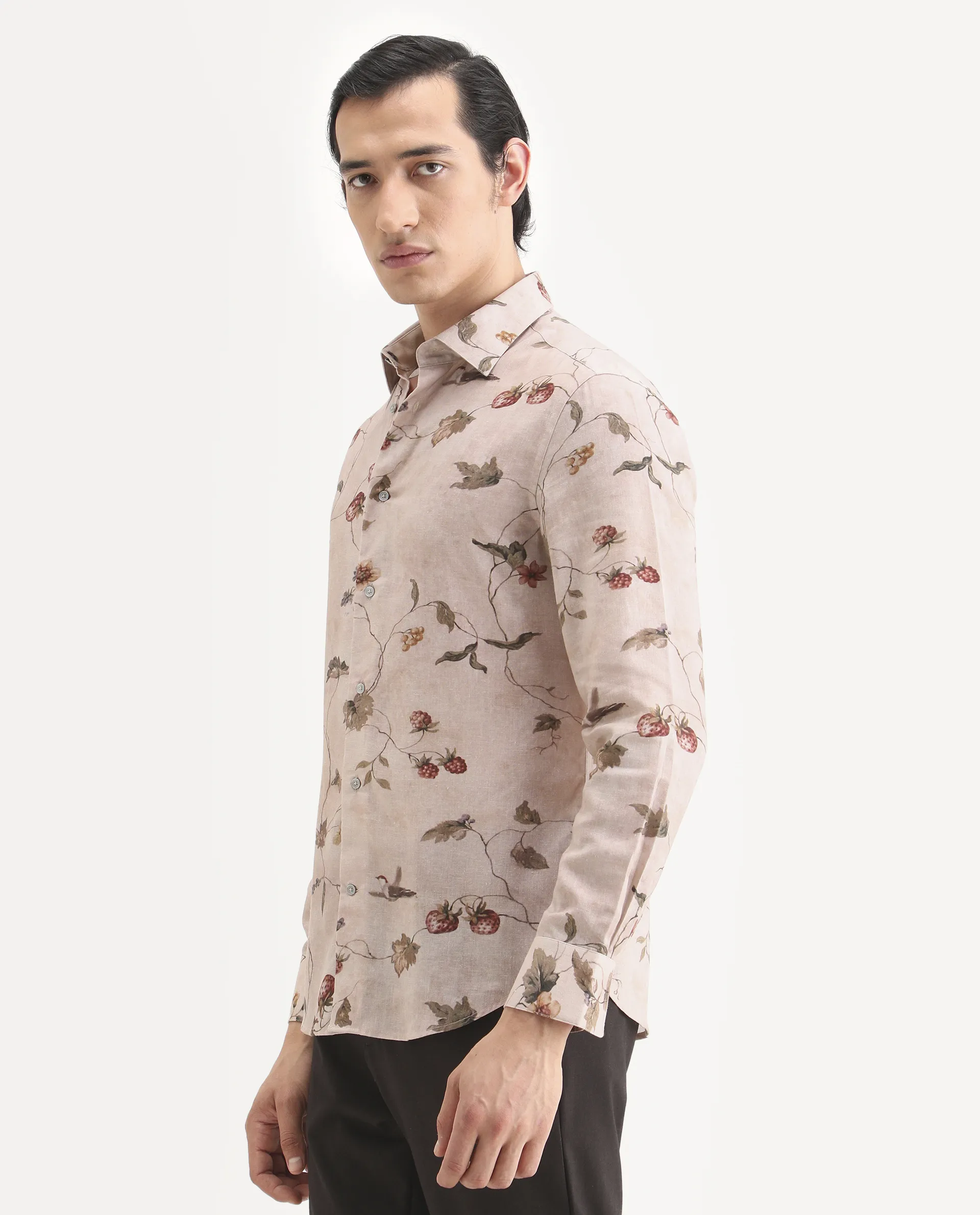 Rare Rabbit Men's Renu Dusky Pink Linen Blend Fabric Full Sleeve Spread Collar Regular Fit Floral Print Shirt - Image 5