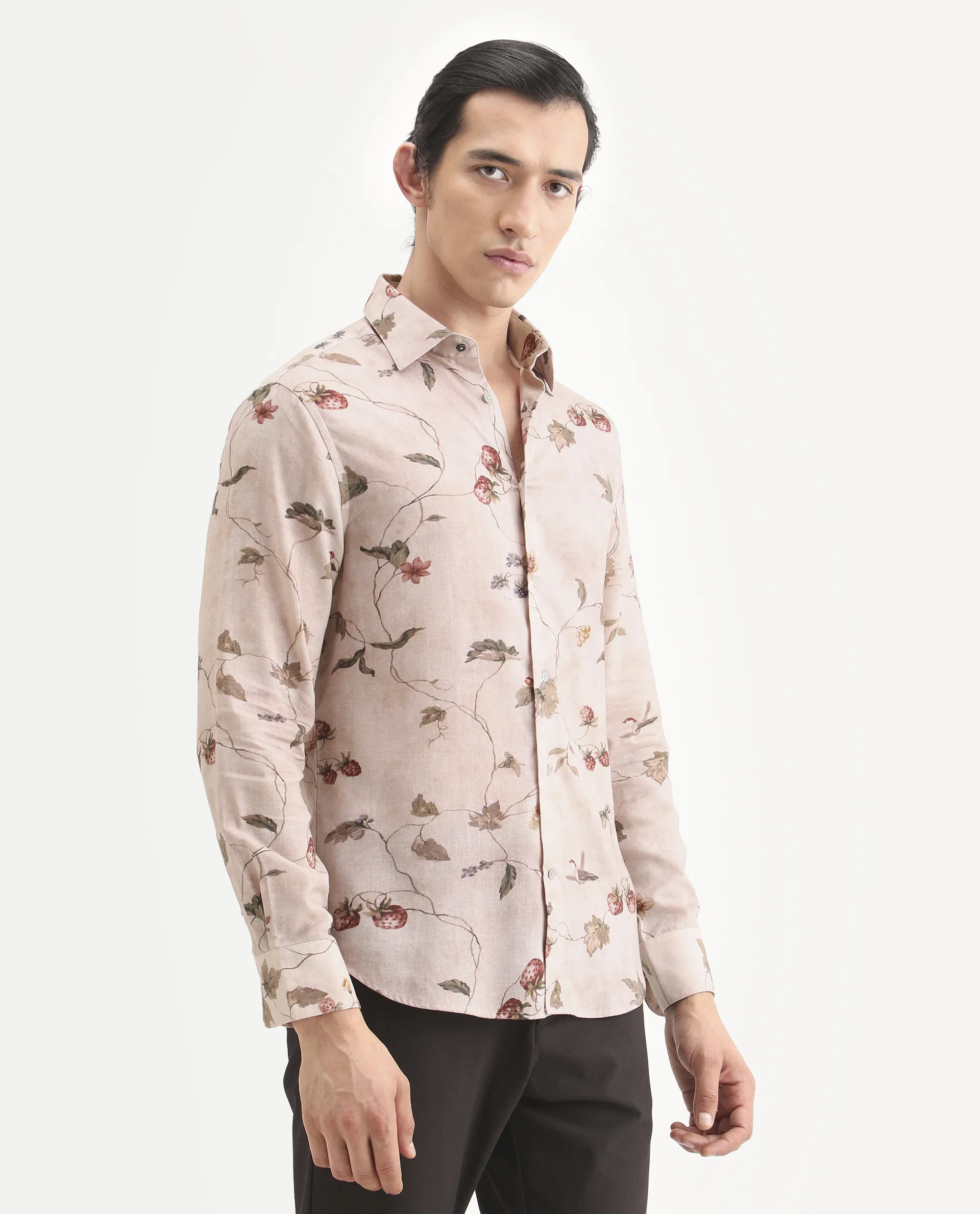 Rare Rabbit Men's Renu Dusky Pink Linen Blend Fabric Full Sleeve Spread Collar Regular Fit Floral Print Shirt - Image 6