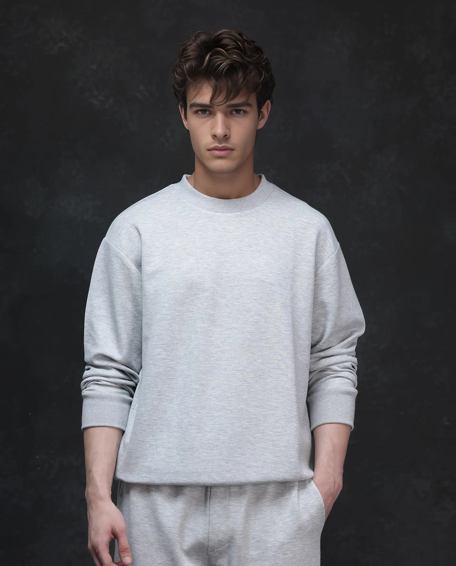 Rare Rabbit Men's Renzi Melange Grey Modal Plain Boxy Fit Full Sleeve Crew Neck Sweatshirt - Image 2