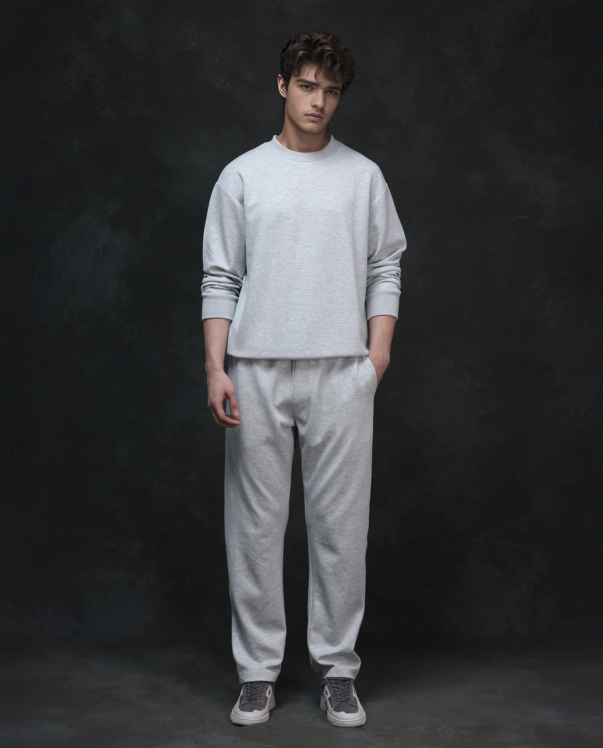 Rare Rabbit Men's Renzi Melange Grey Modal Plain Boxy Fit Full Sleeve Crew Neck Sweatshirt - Image 3