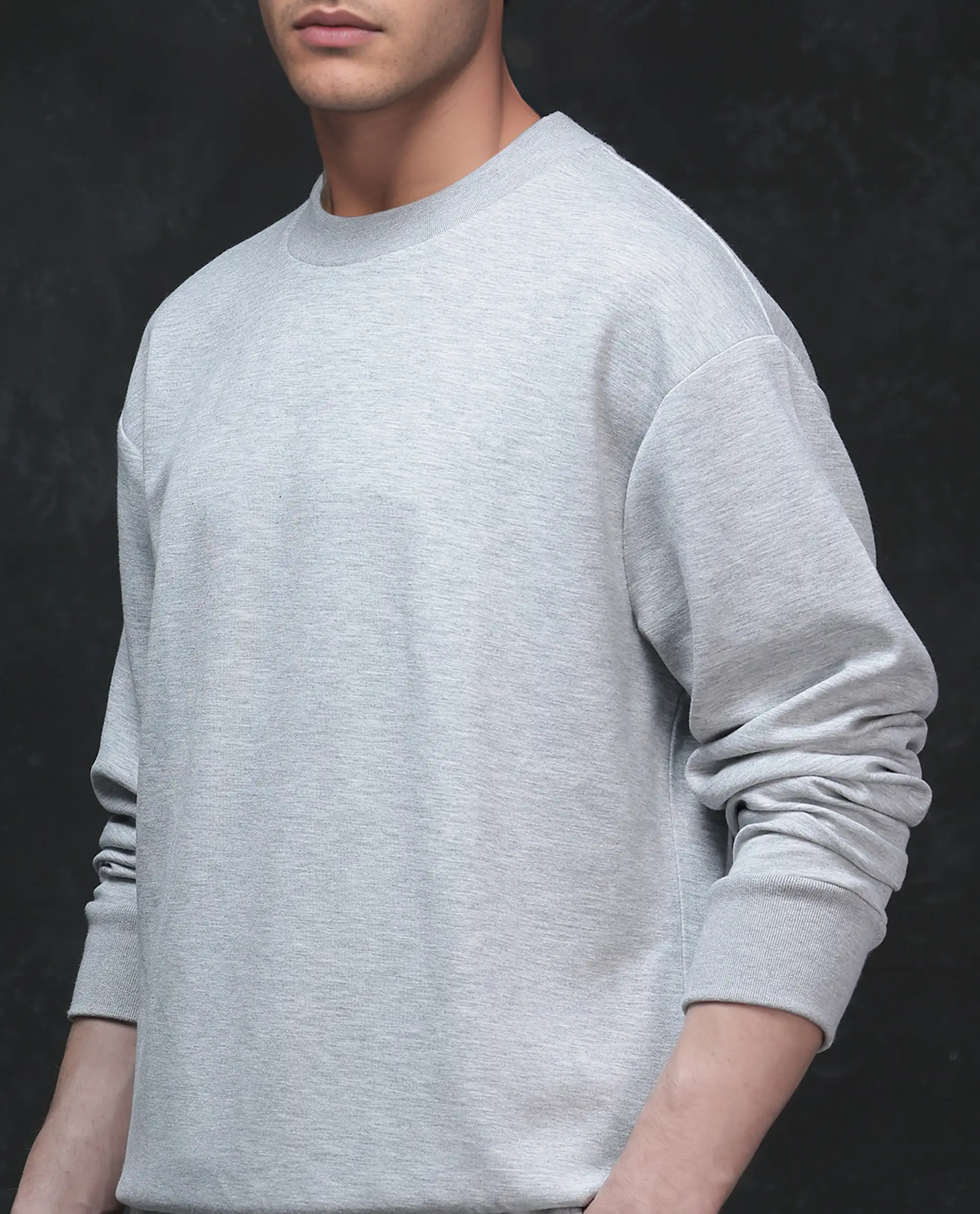 Rare Rabbit Men's Renzi Melange Grey Modal Plain Boxy Fit Full Sleeve Crew Neck Sweatshirt - Image 4