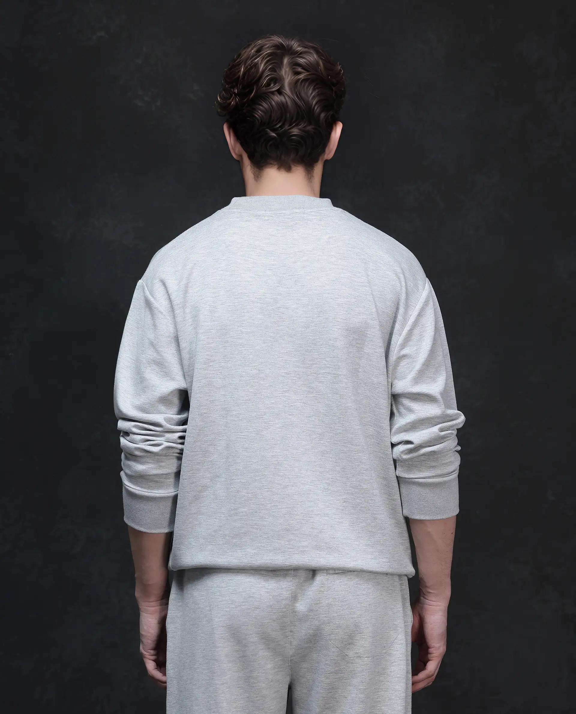 Rare Rabbit Men's Renzi Melange Grey Modal Plain Boxy Fit Full Sleeve Crew Neck Sweatshirt - Image 5