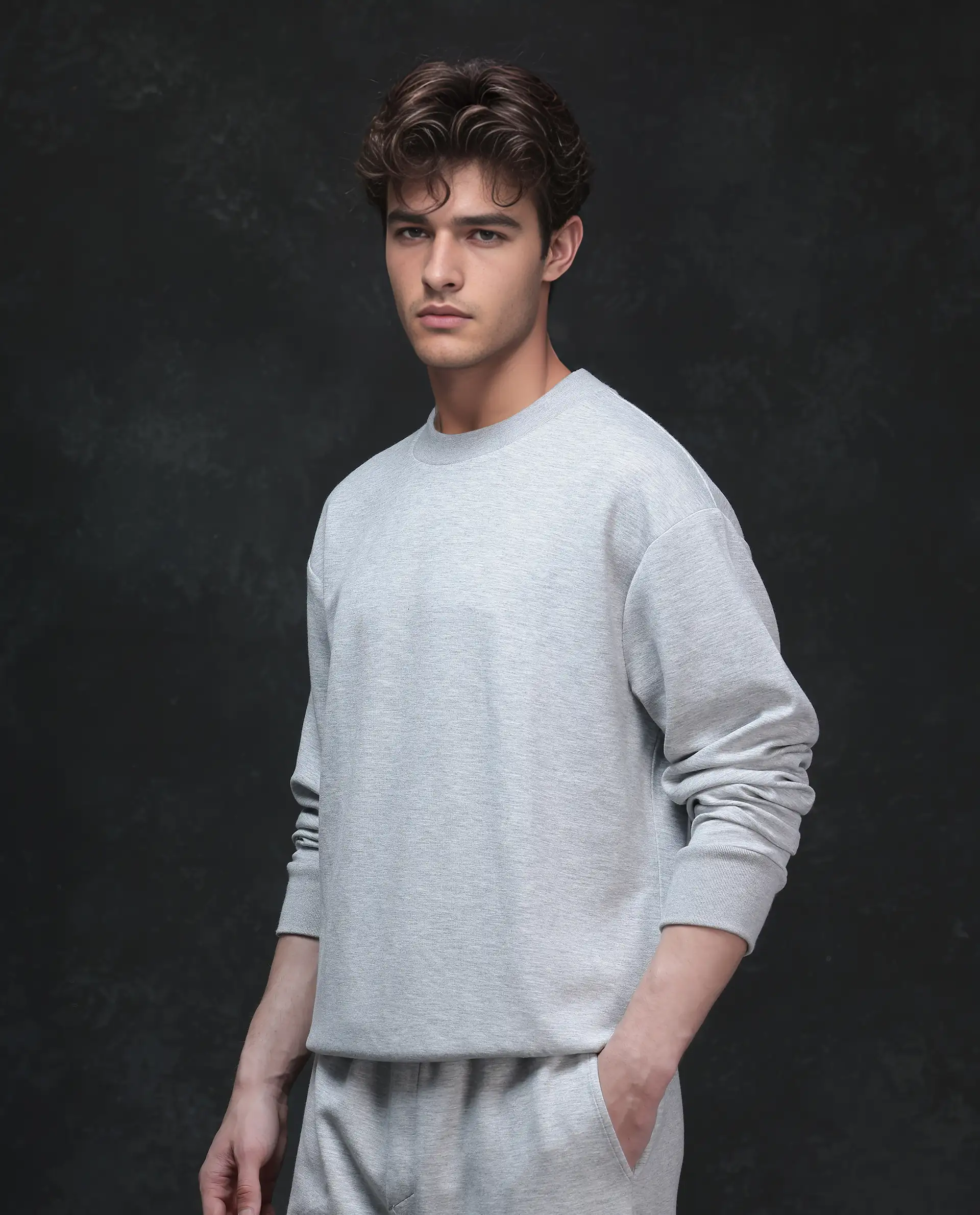 Rare Rabbit Men's Renzi Melange Grey Modal Plain Boxy Fit Full Sleeve Crew Neck Sweatshirt - Image 7