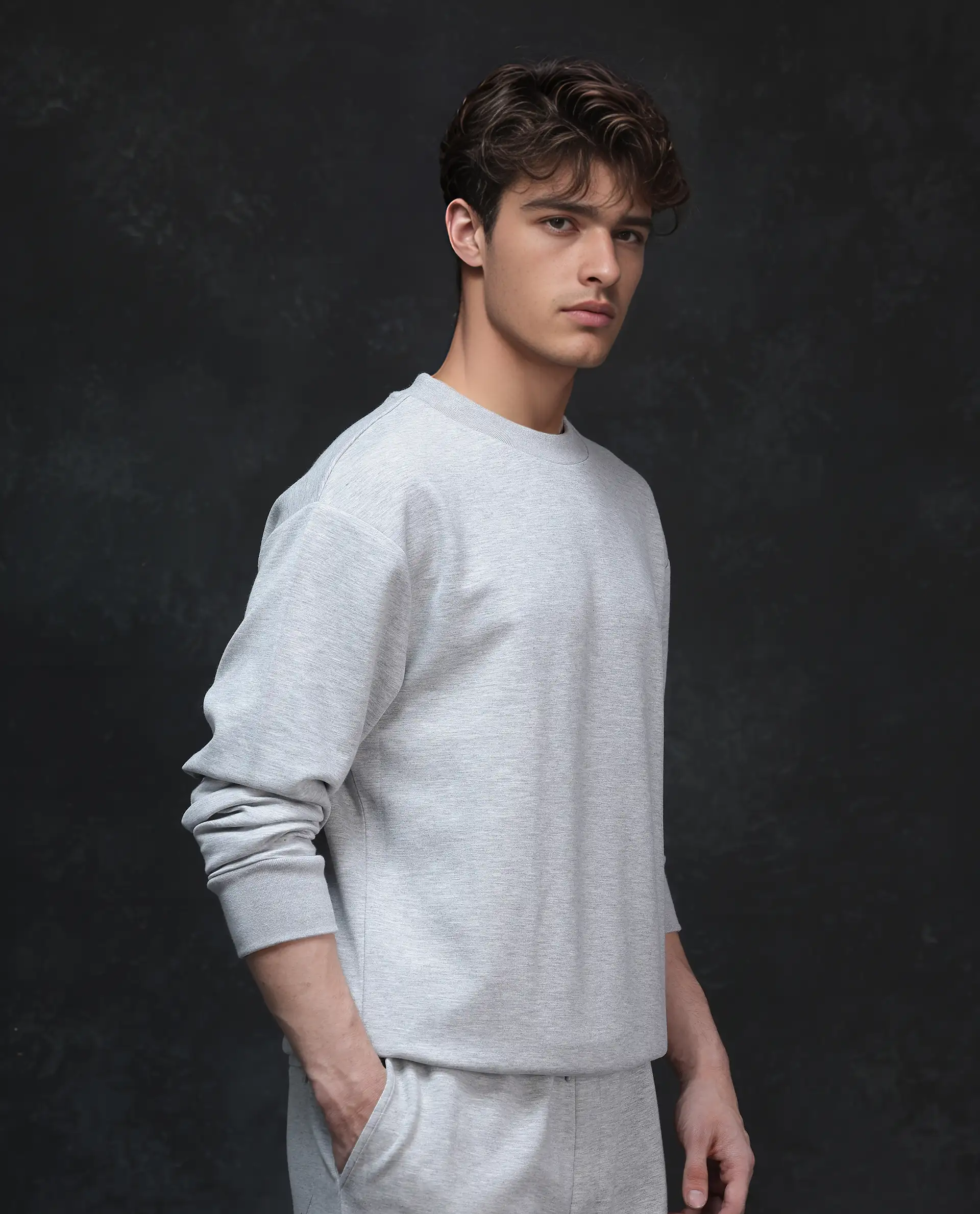 Rare Rabbit Men's Renzi Melange Grey Modal Plain Boxy Fit Full Sleeve Crew Neck Sweatshirt - Image 8