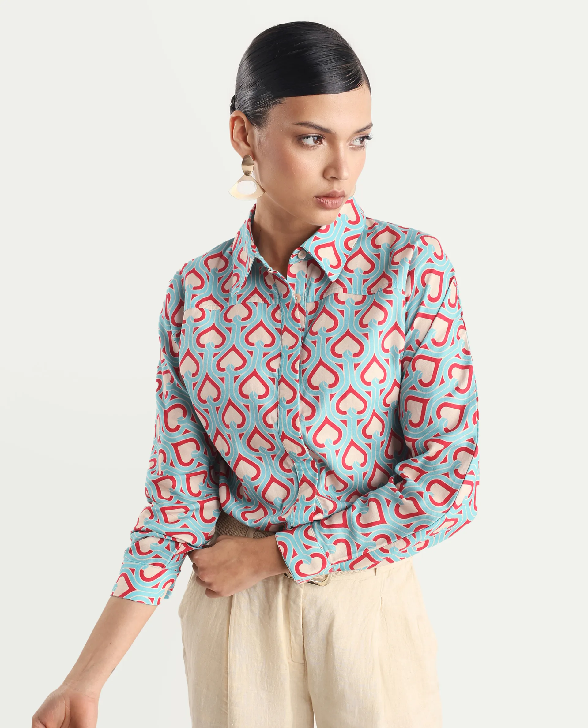Rareism Women's Repece Multi Cotton Blend Drop Collar Geometric Print Boxy Fit Top