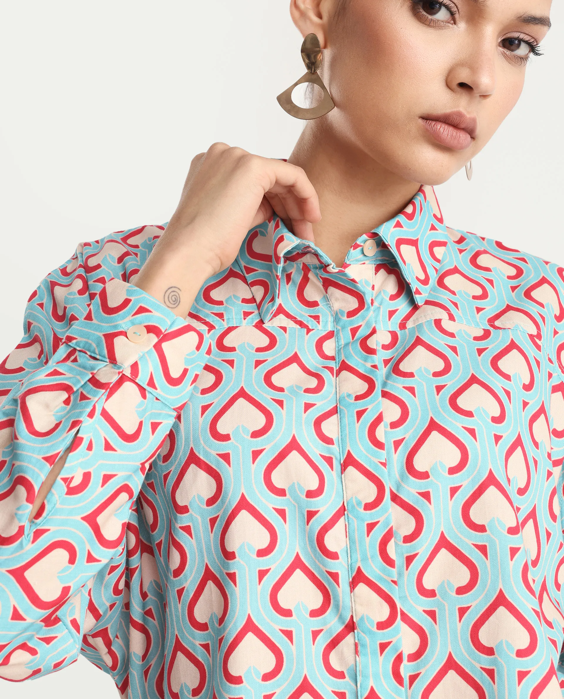 Rareism Women's Repece Multi Cotton Blend Drop Collar Geometric Print Boxy Fit Top - Image 3