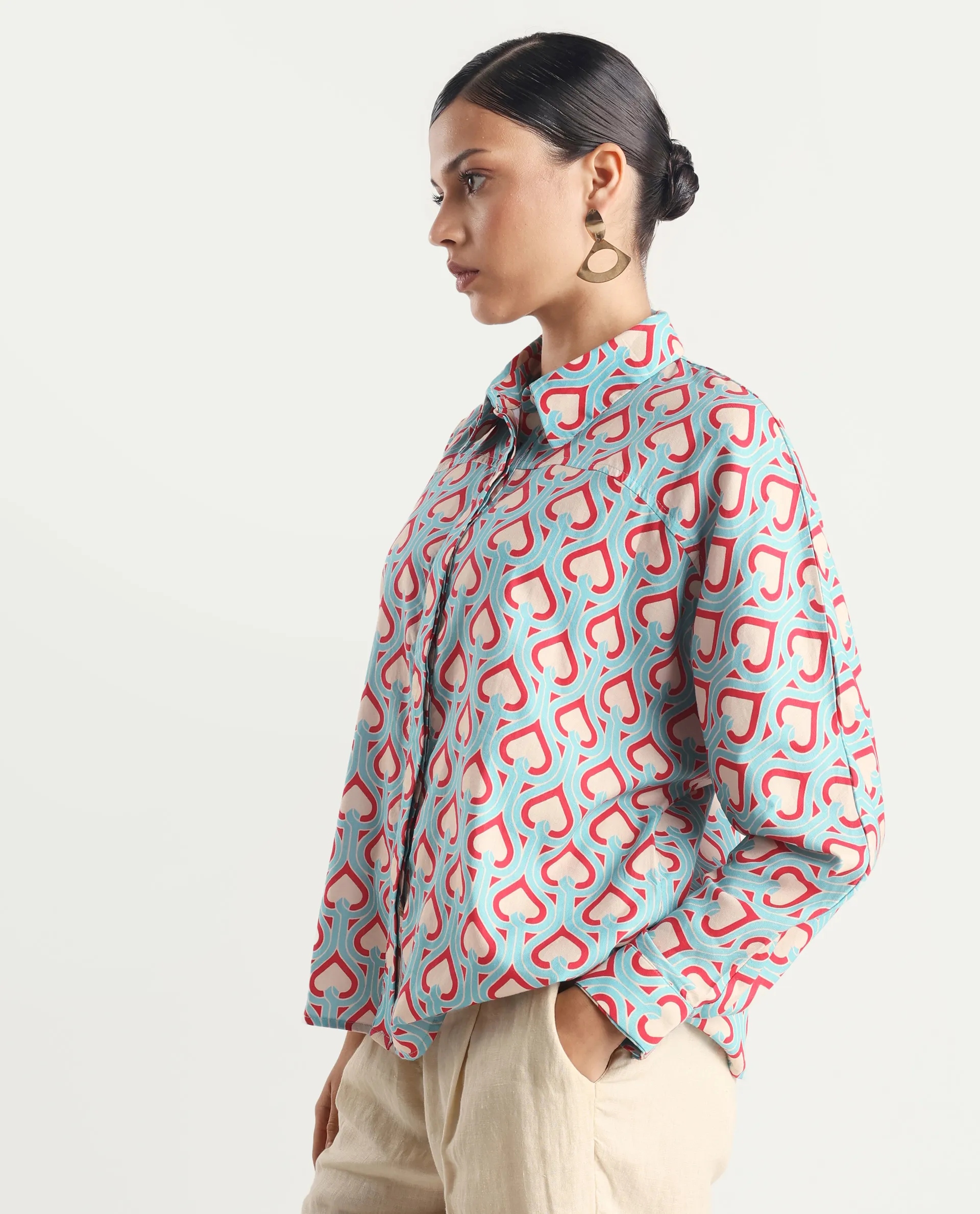 Rareism Women's Repece Multi Cotton Blend Drop Collar Geometric Print Boxy Fit Top - Image 4