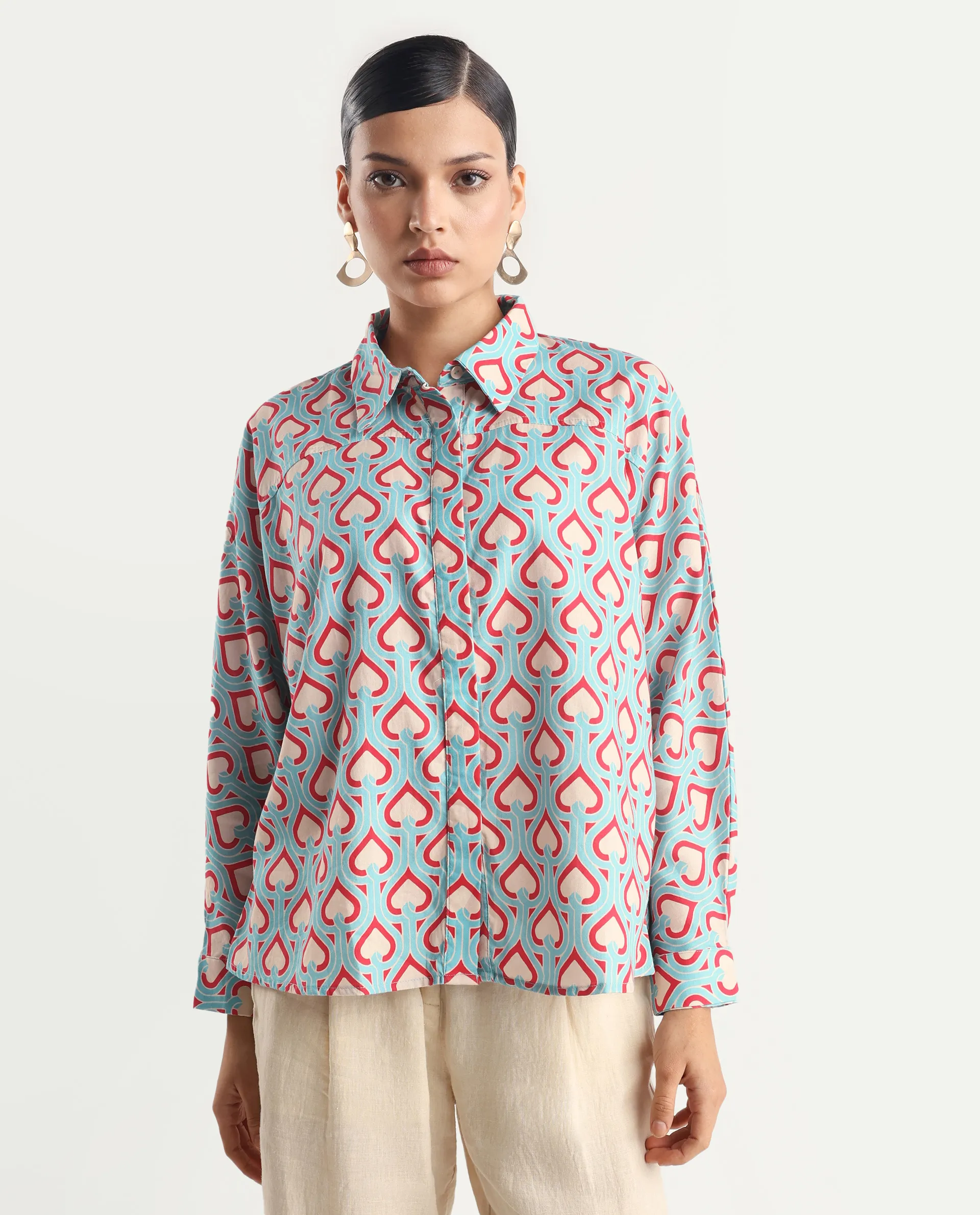Rareism Women's Repece Multi Cotton Blend Drop Collar Geometric Print Boxy Fit Top - Image 5