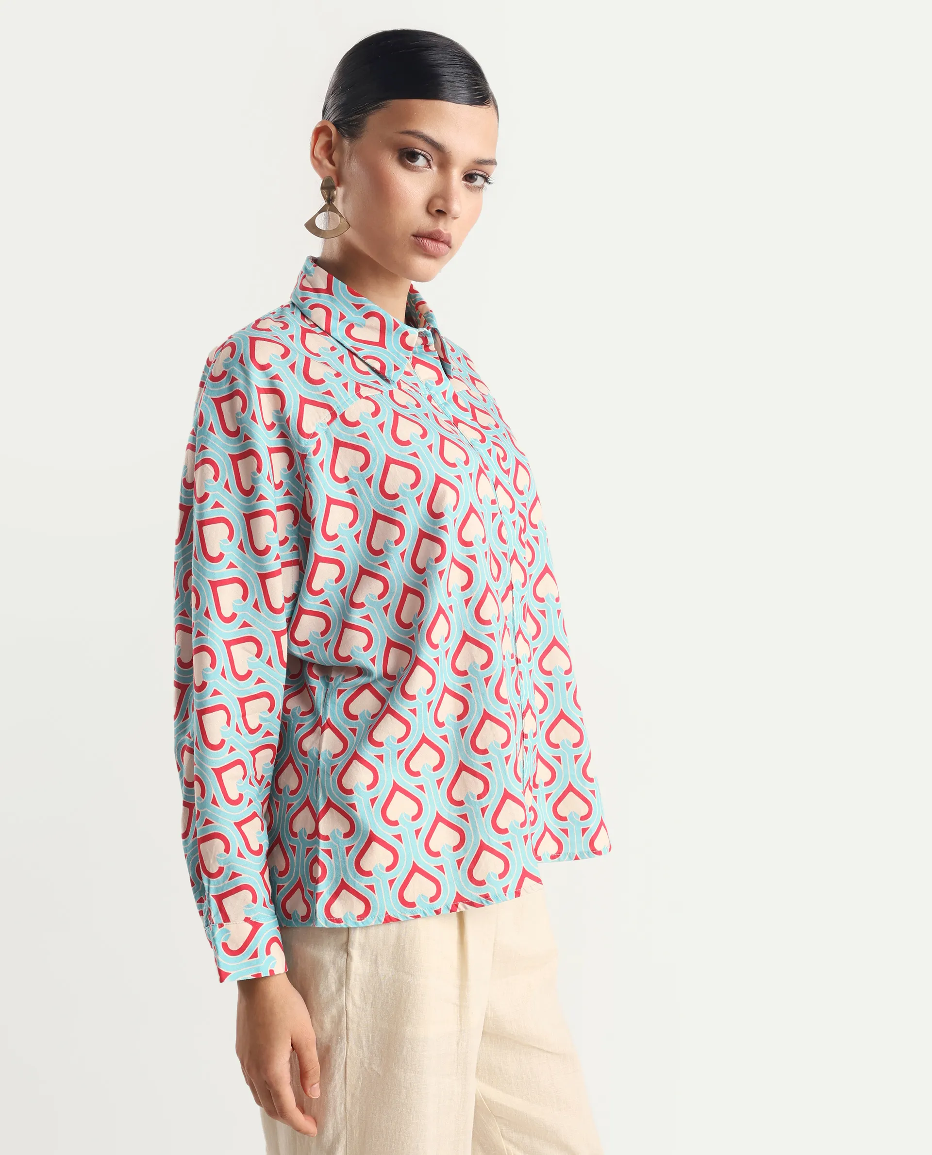 Rareism Women's Repece Multi Cotton Blend Drop Collar Geometric Print Boxy Fit Top - Image 6