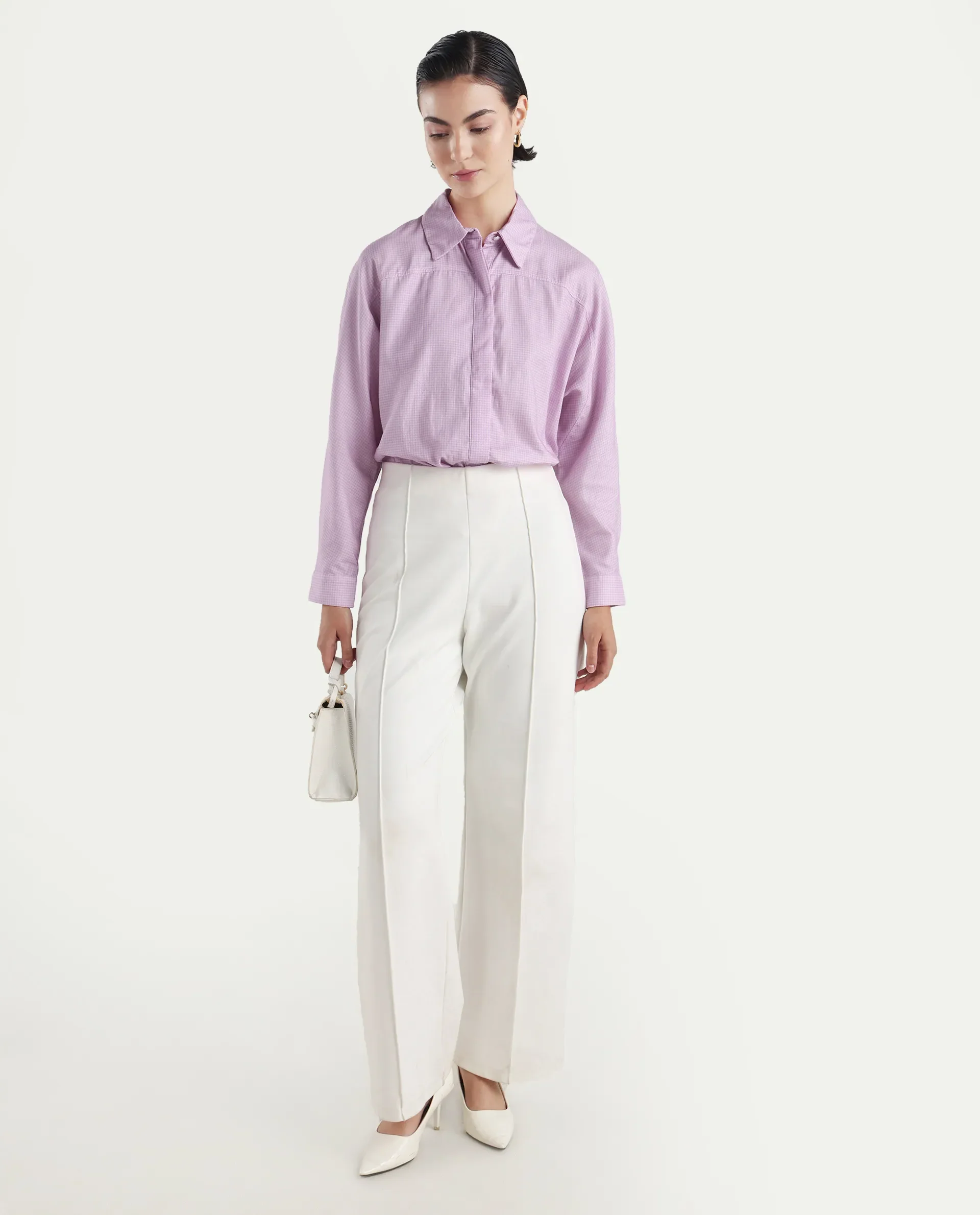 Rareism Women's Repen Light Purple Cotton Blend Drop Collar Geometric Print Boxy Fit Shirt - Image 2