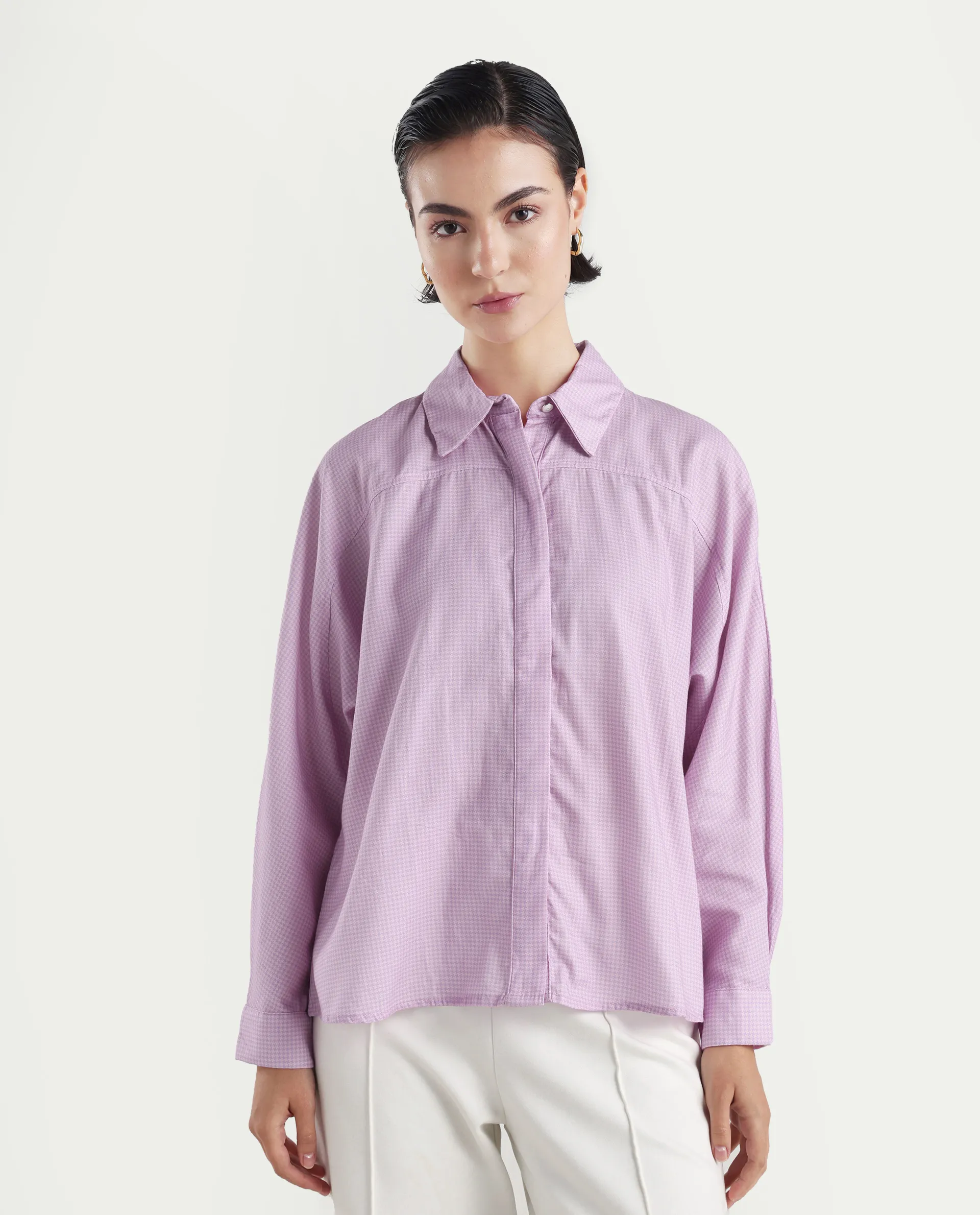 Rareism Women's Repen Light Purple Cotton Blend Drop Collar Geometric Print Boxy Fit Shirt - Image 3